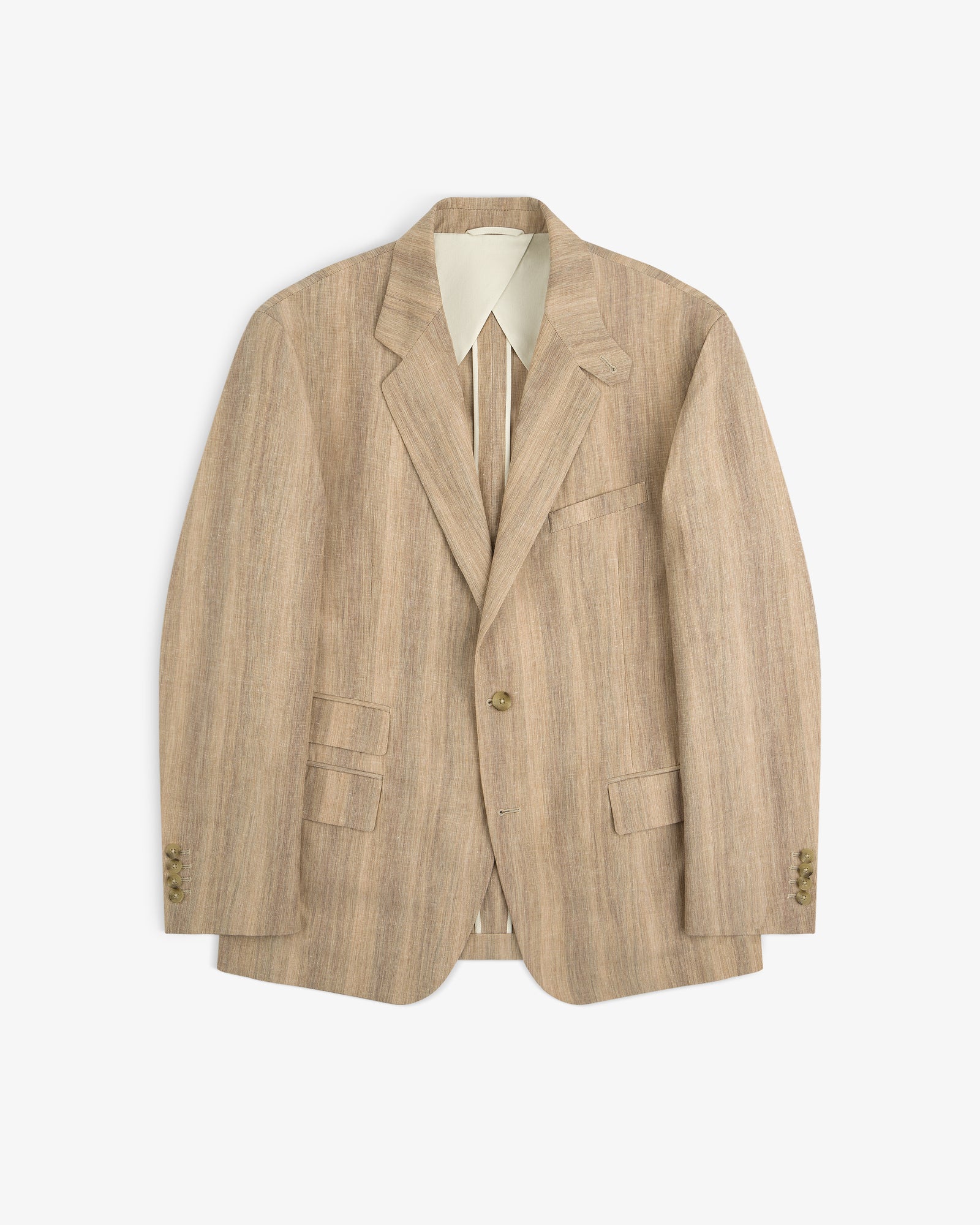 Single-Breasted Safari Suit Jacket in beige with wide lapels and two buttons, shown on a white background.