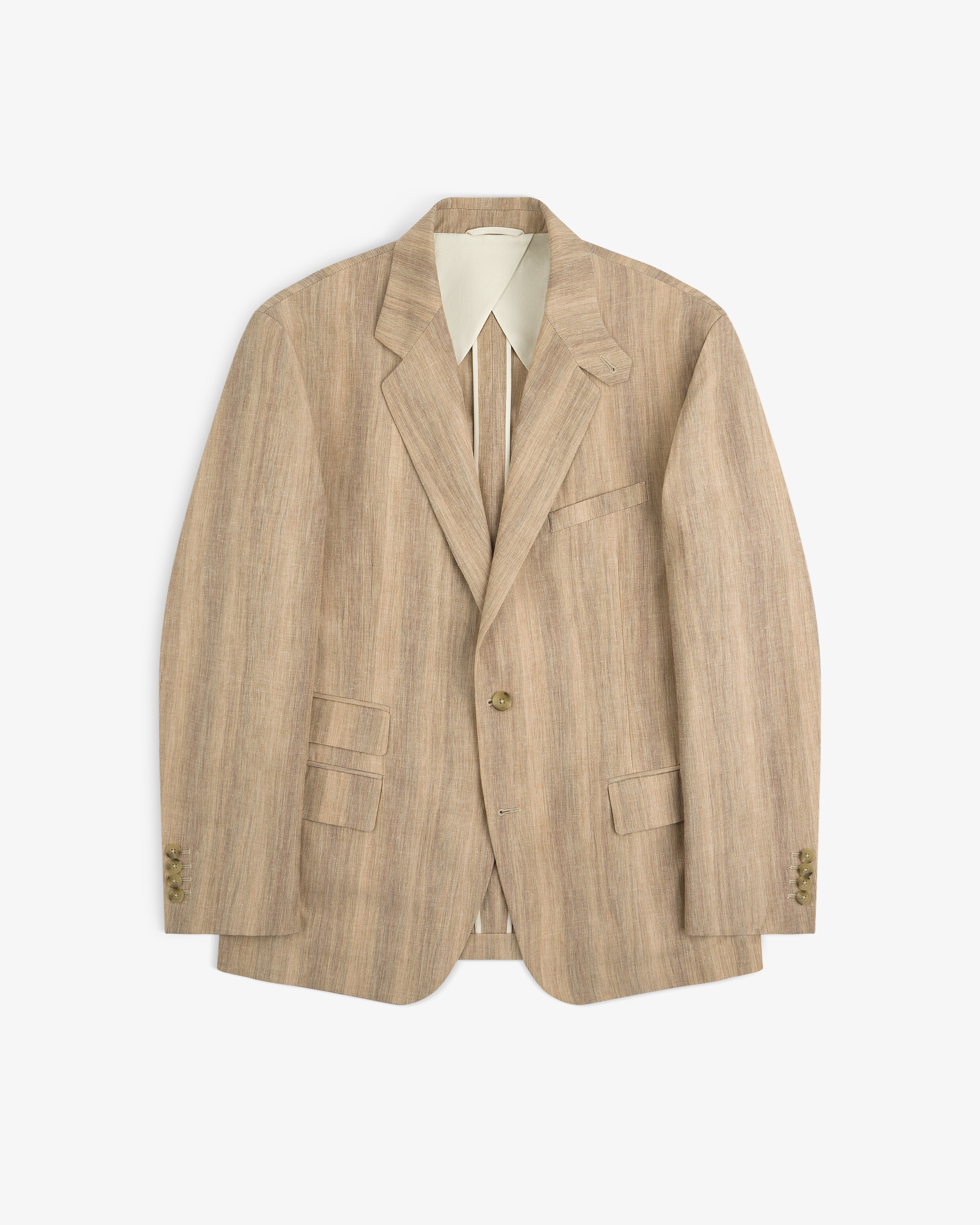 Single-Breasted Safari Suit Jacket in beige with wide lapels and two buttons, shown on a white background.