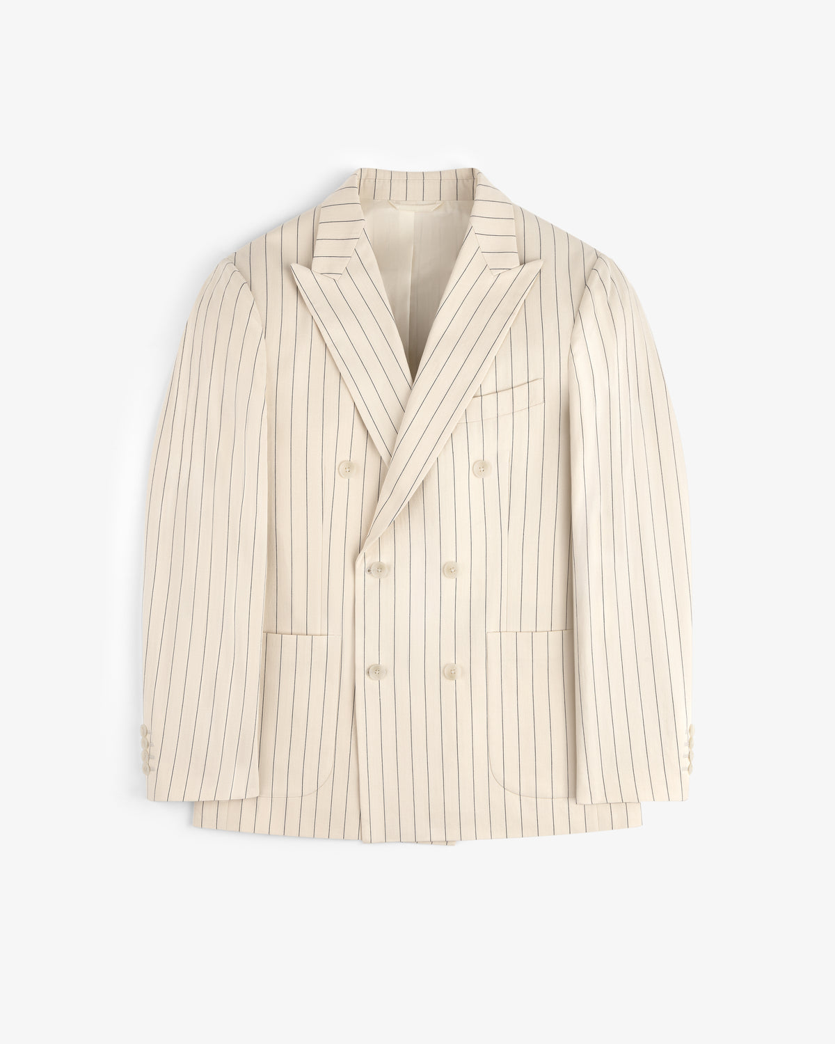 Double-Breasted Pinstripe Suit Jacket in cream with notched lapels and front pockets, laid flat.