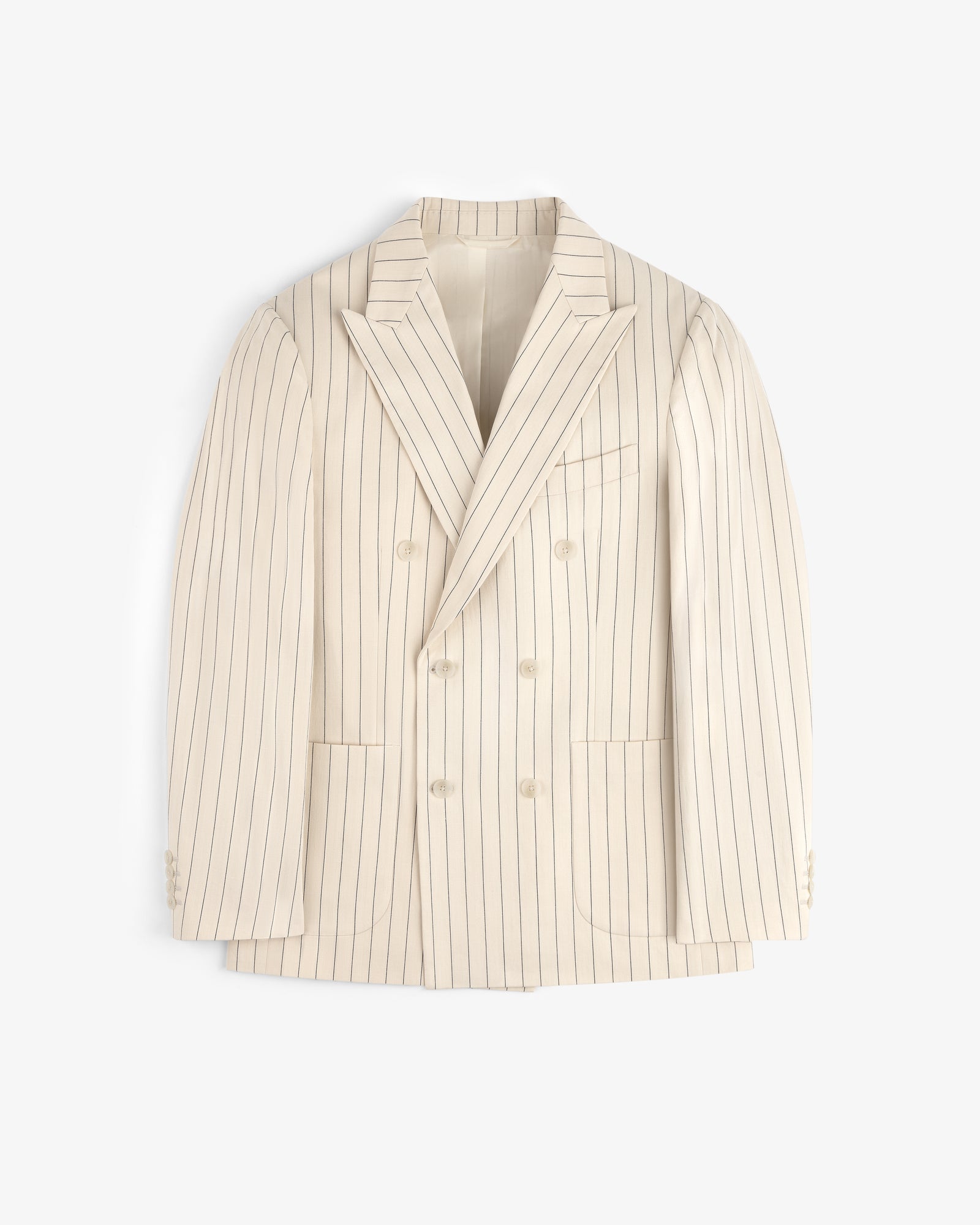 Double-Breasted Pinstripe Suit Jacket in cream with notched lapels and front pockets, laid flat.