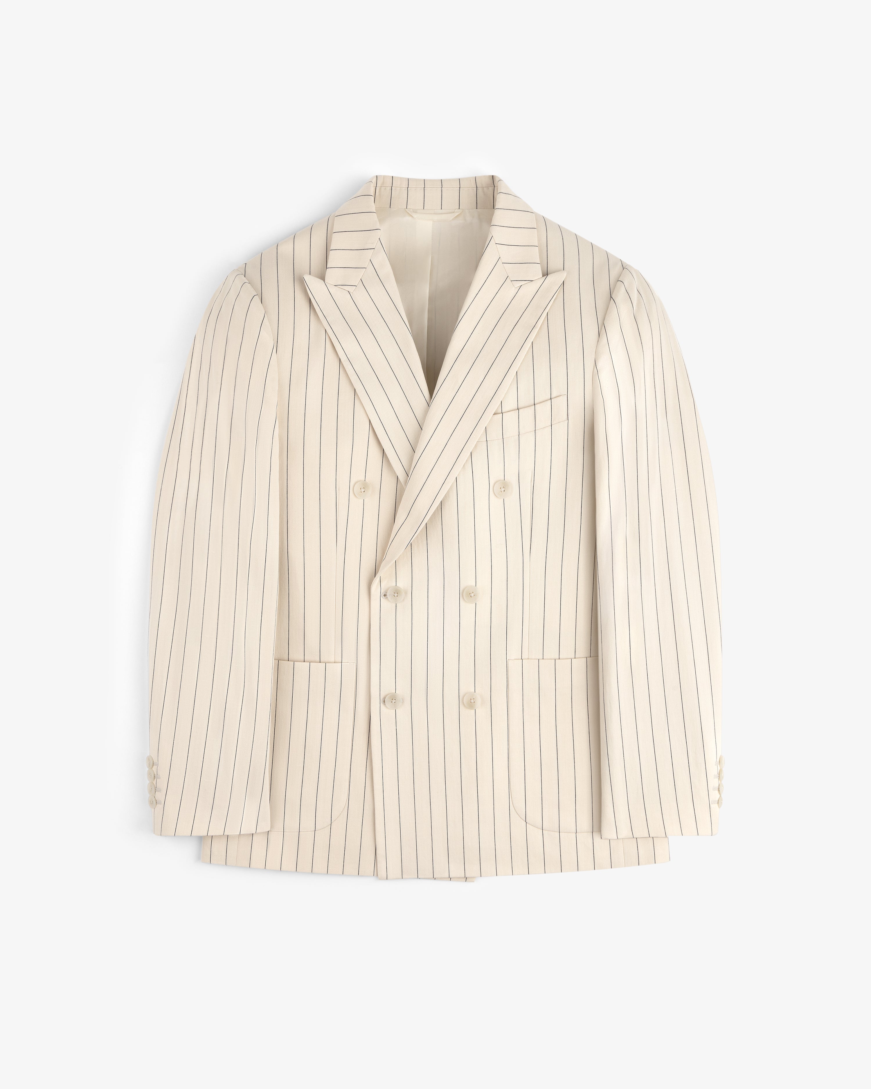 Double-Breasted Pinstripe Suit Jacket in cream with notched lapels and front pockets, laid flat.