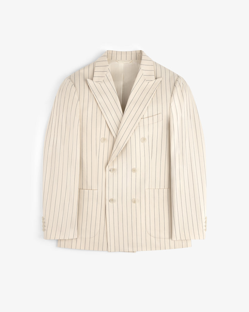Double-Breasted Pinstripe Suit Jacket in cream with notched lapels and front pockets, laid flat.