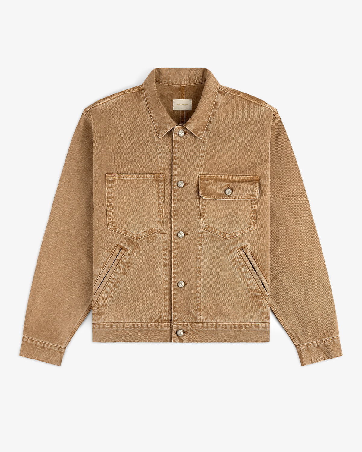 Denim Trucker Jacket in tan with metal buttons, chest pockets, and long sleeves, laid flat on a white background.