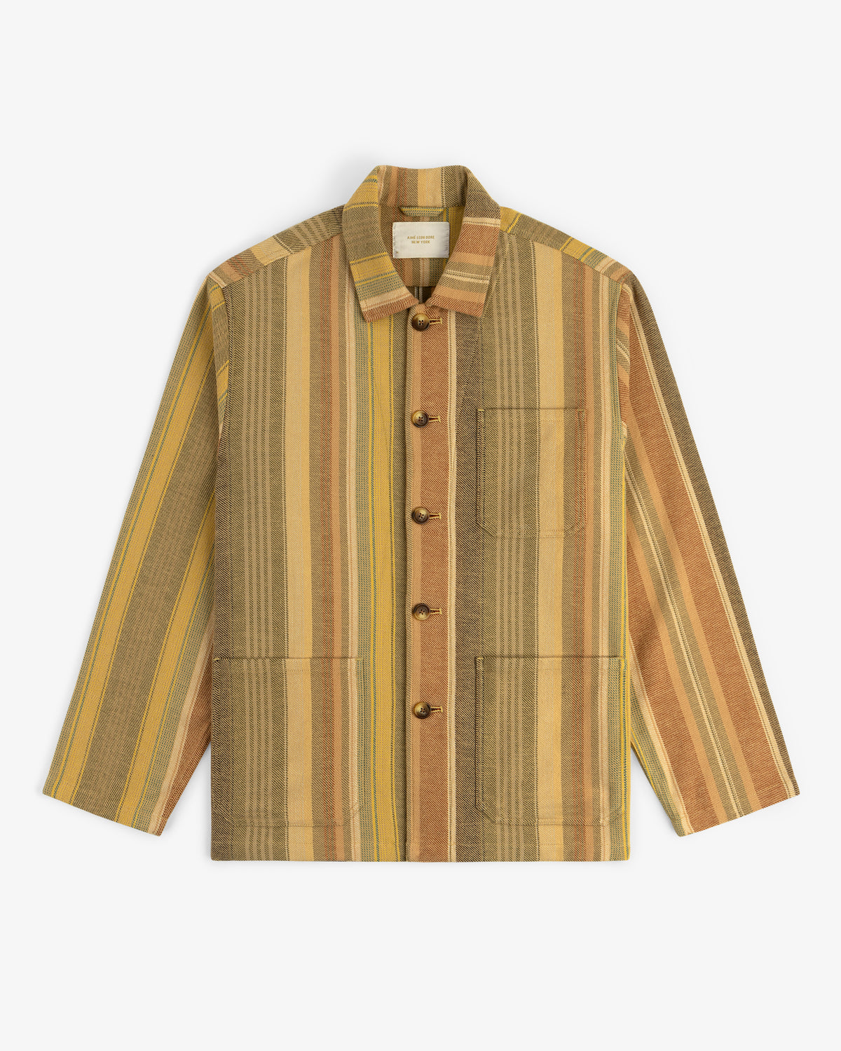 Blanket Striped Chore Jacket with long sleeves, button front, vertical brown, yellow, beige stripes, and three pockets.