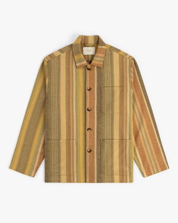 Blanket Striped Chore Jacket with long sleeves, button front, vertical brown, yellow, beige stripes, and three pockets.