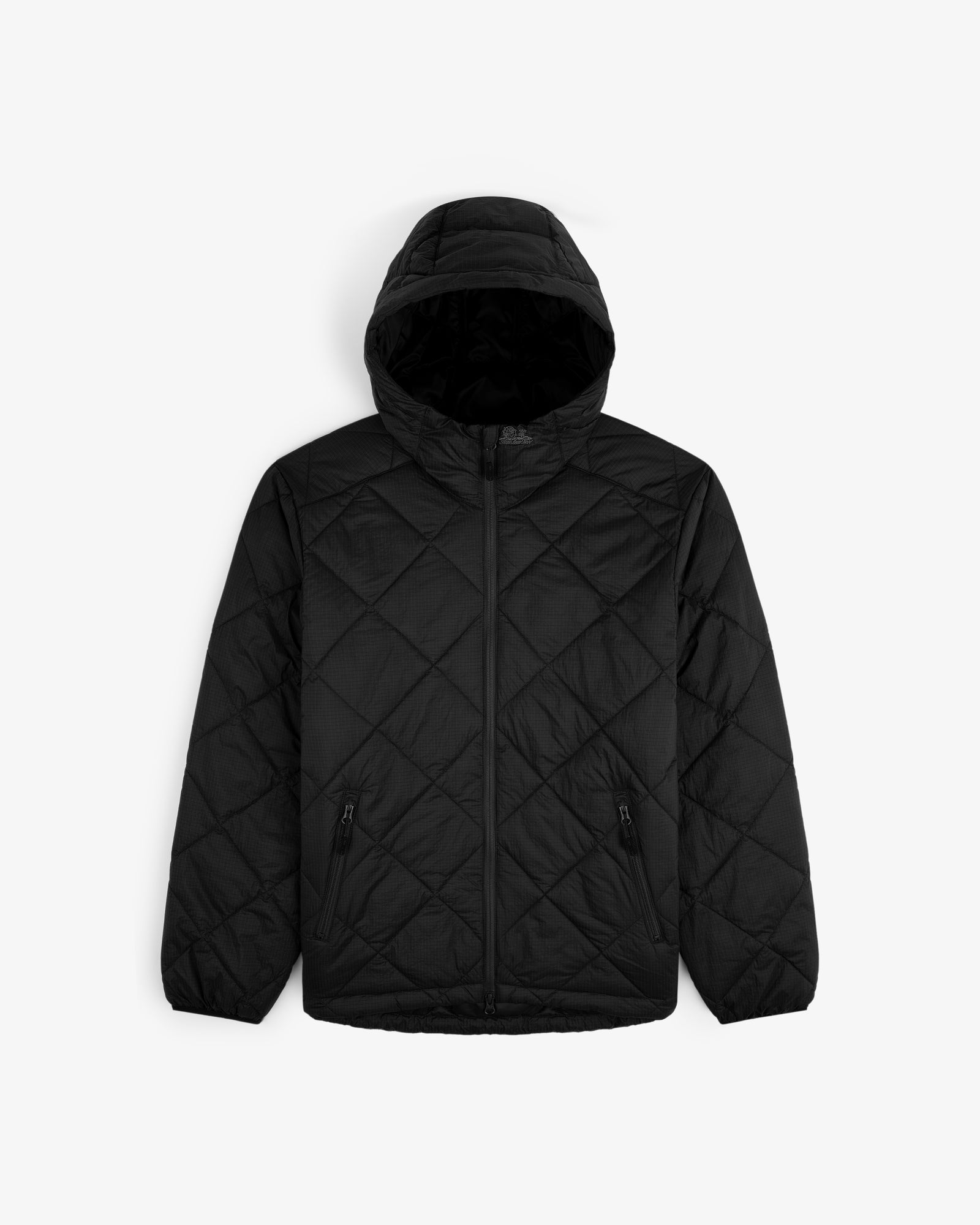 Nylon Quilted Unisphere Jacket featuring a hood, front zipper, and side pockets on a plain white background.