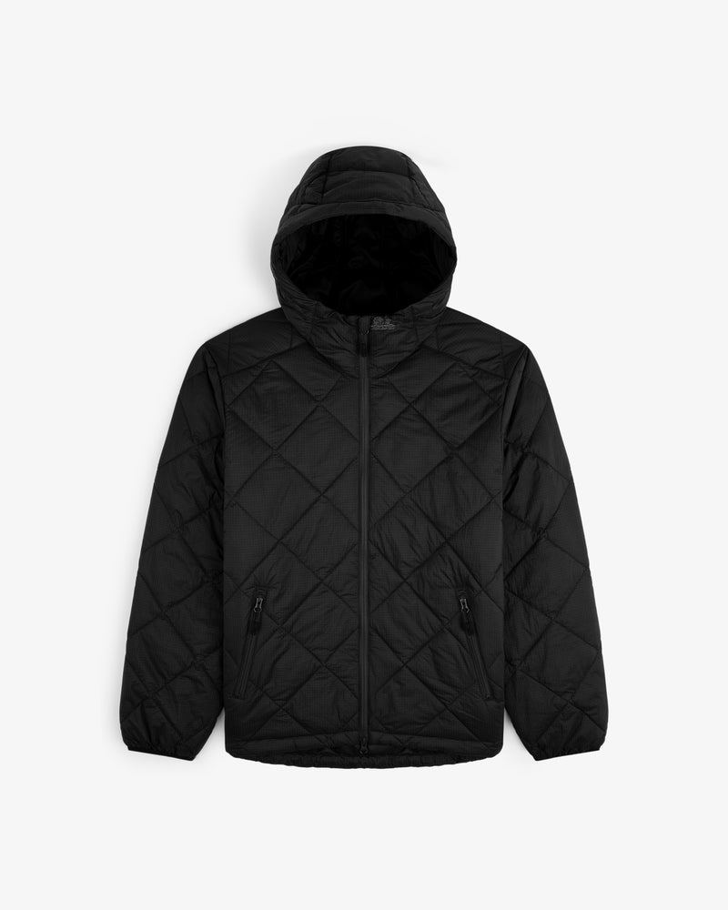 Nylon Quilted Unisphere Jacket featuring a hood, front zipper, and side pockets on a plain white background.