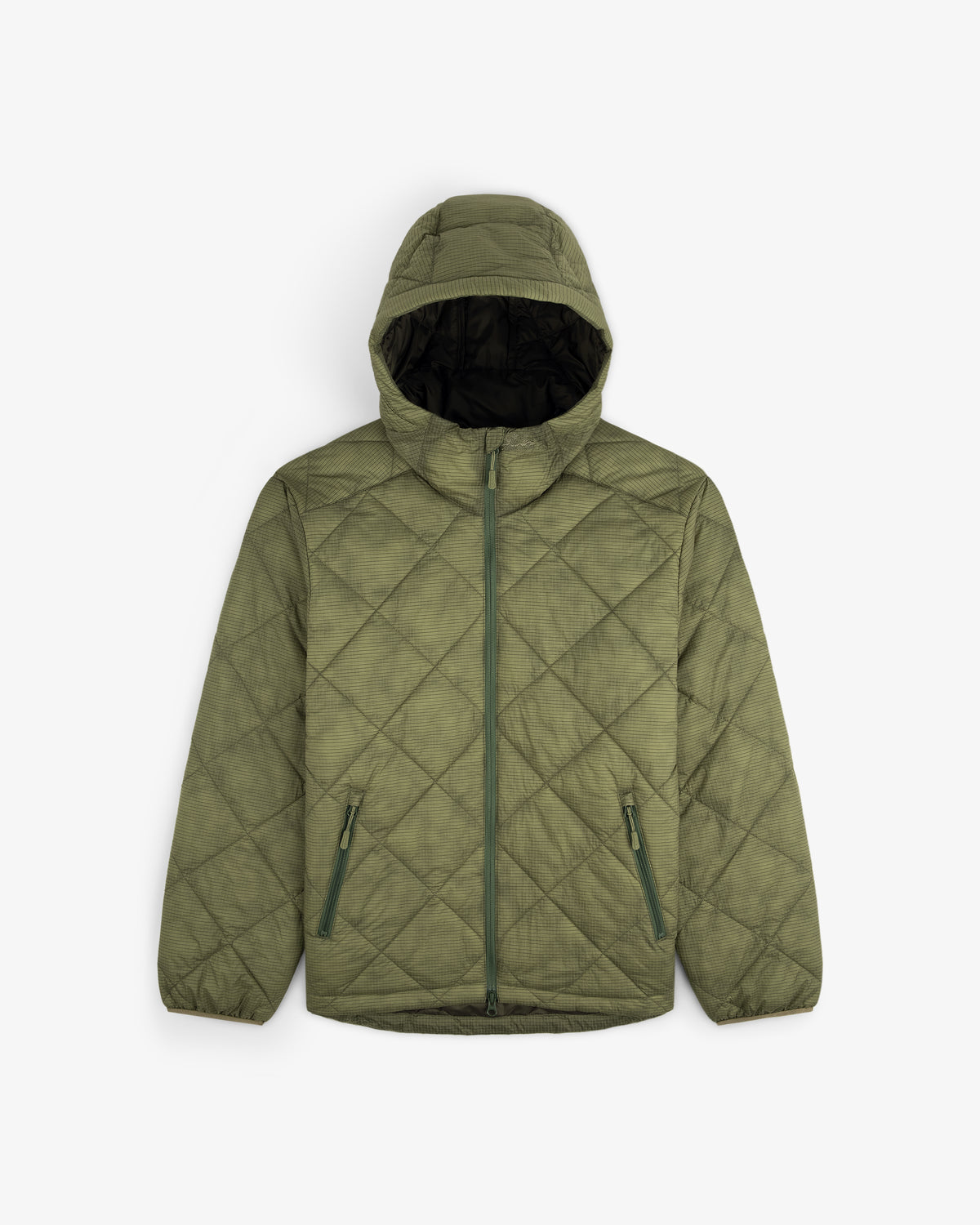 Olive green Nylon Quilted Unisphere Jacket with hood, front zipper, zip pockets, and elastic cuffs on white background.