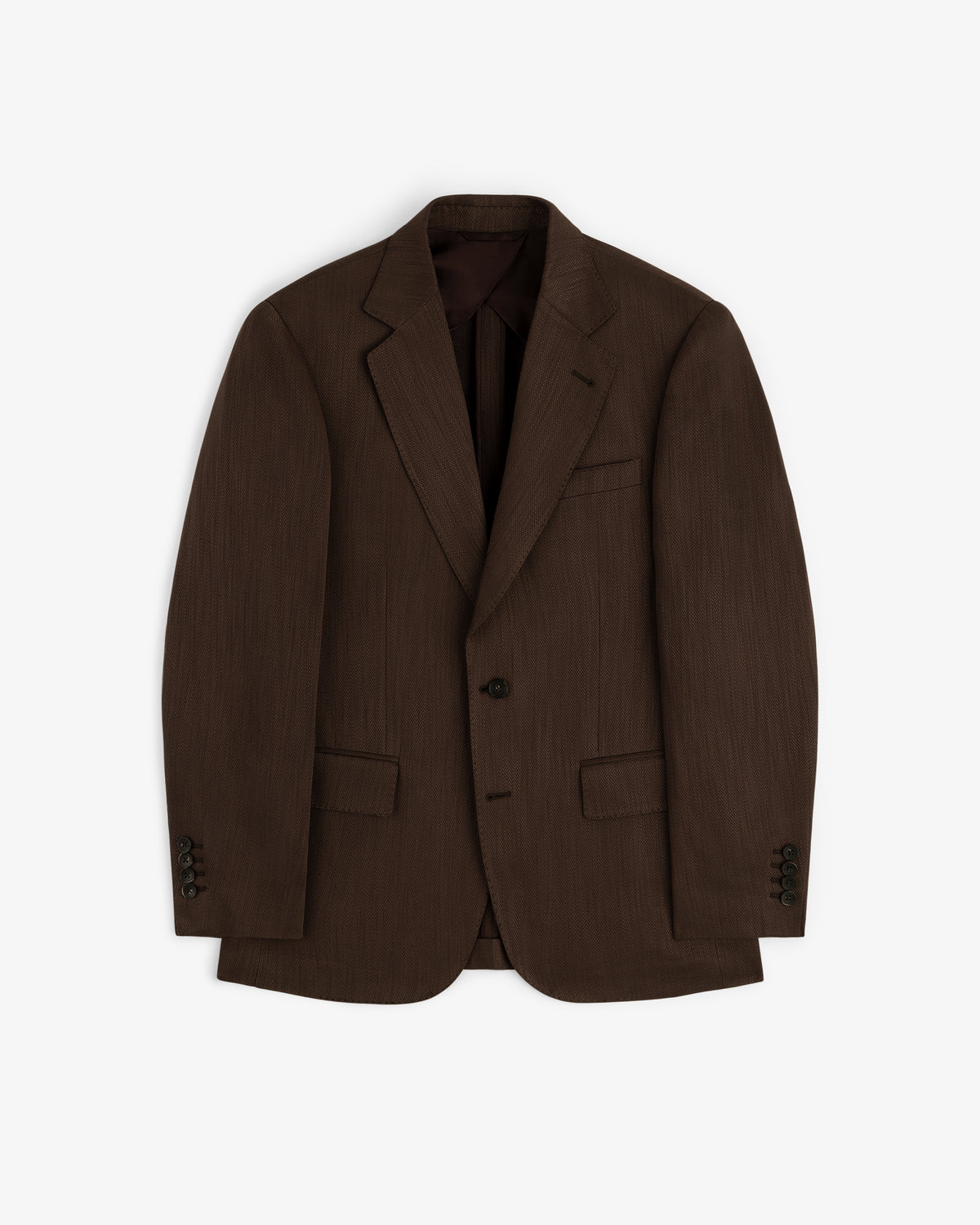 Single-Breasted Linen Blend Suit Jacket in dark brown with notch lapels, two buttons, and flap pockets laid flat.