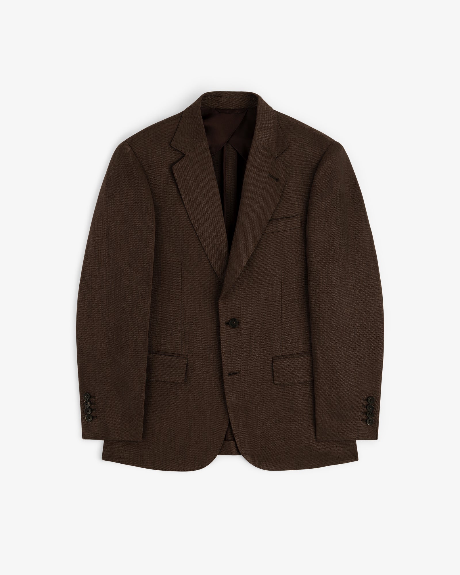 Single-Breasted Linen Blend Suit Jacket in dark brown with notch lapels, two buttons, and flap pockets laid flat.