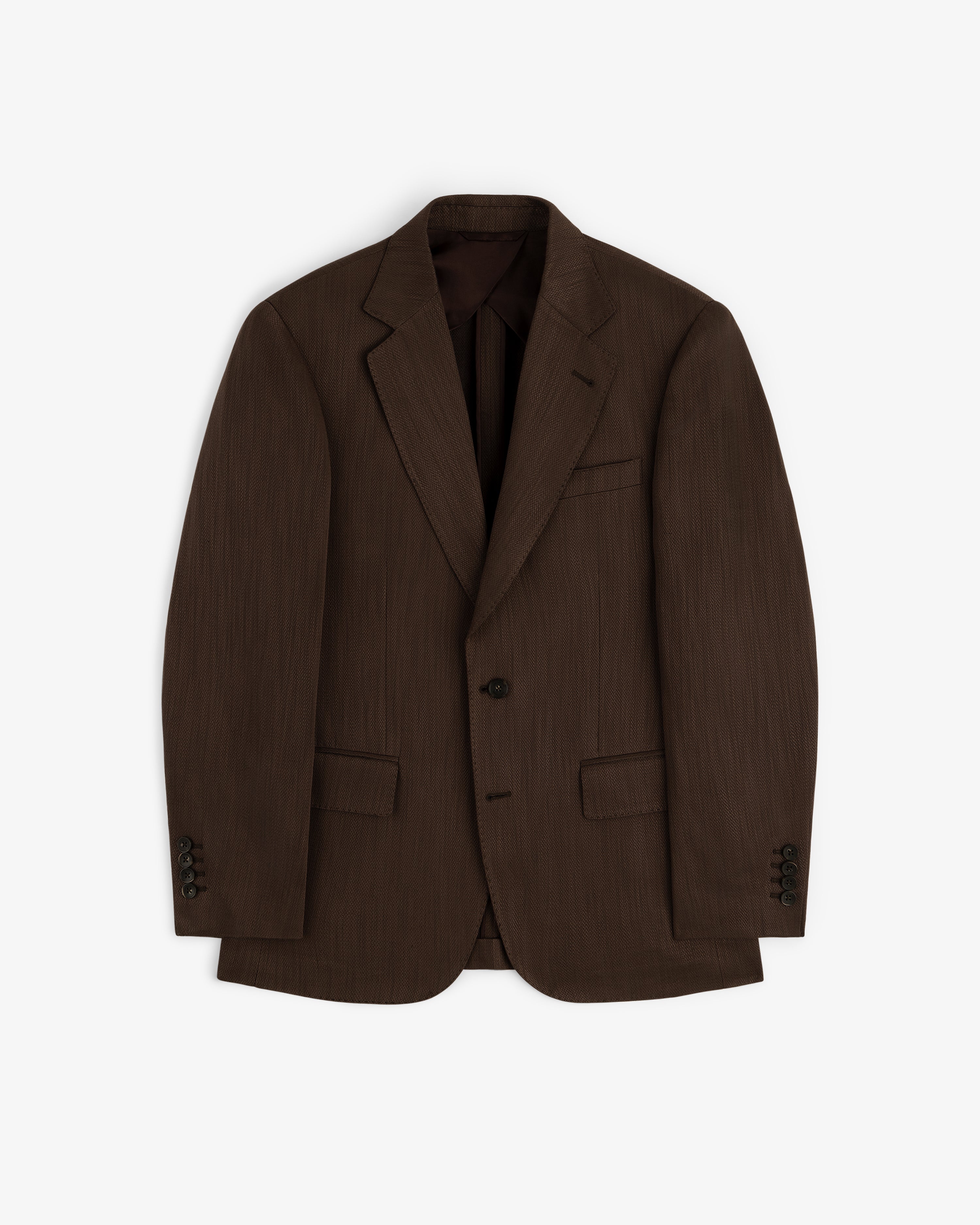 Single-Breasted Linen Blend Suit Jacket in dark brown with notch lapels, two buttons, and flap pockets laid flat.