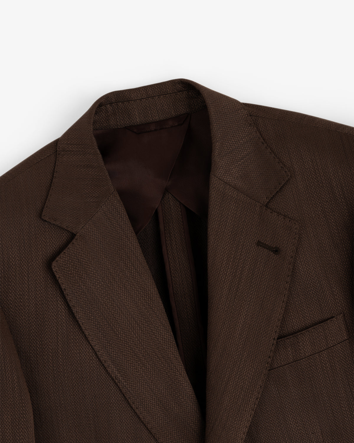Close-up of a brown Single-Breasted Linen Blend Suit Jacket with notch lapel and chest pocket on white background.