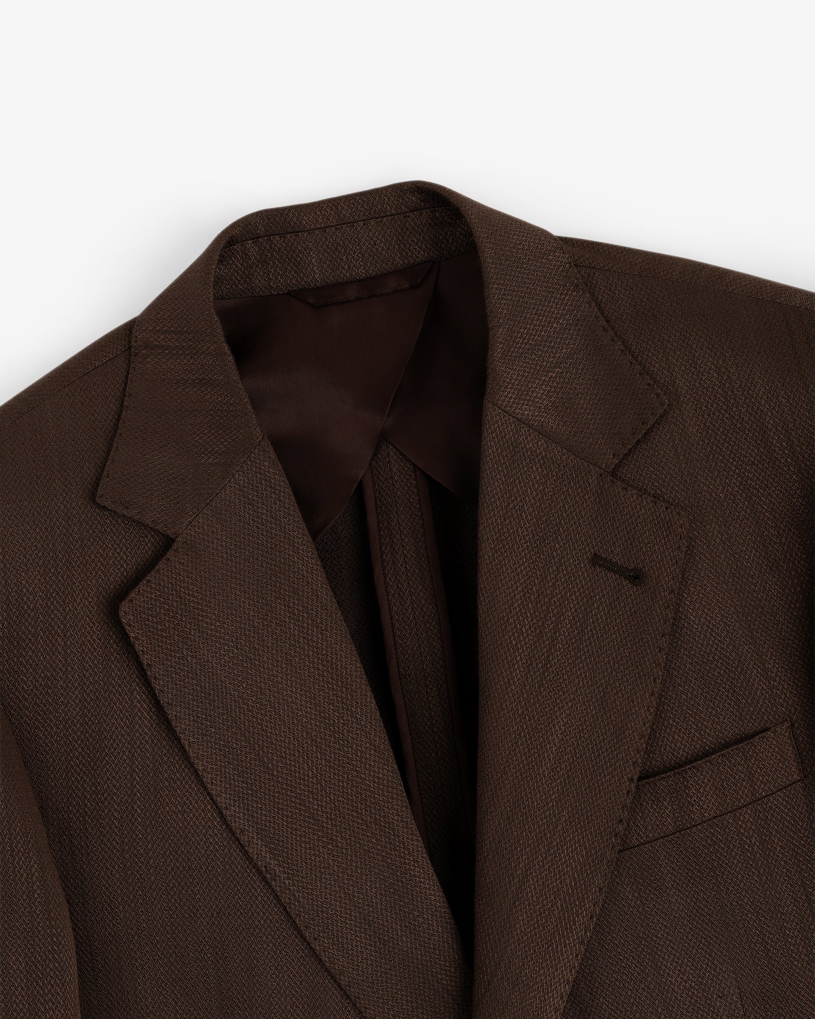 Close-up of a brown Single-Breasted Linen Blend Suit Jacket with notch lapel and chest pocket on white background.
