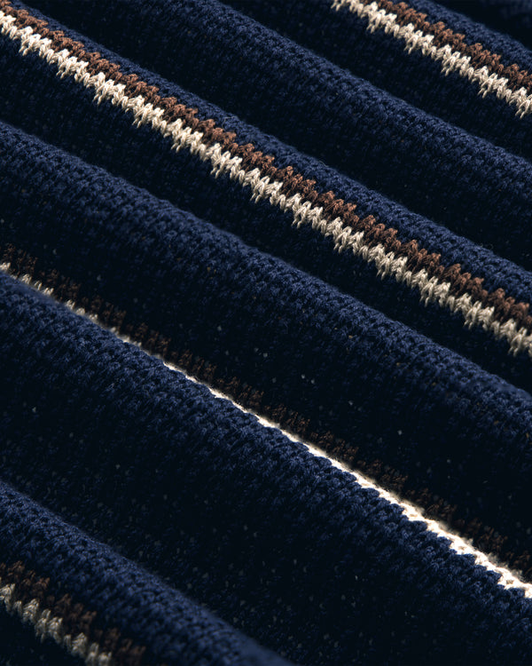 Close-up of Striped Jacquard Shawl Collar Jacket in navy blue with brown and white horizontal stripes.