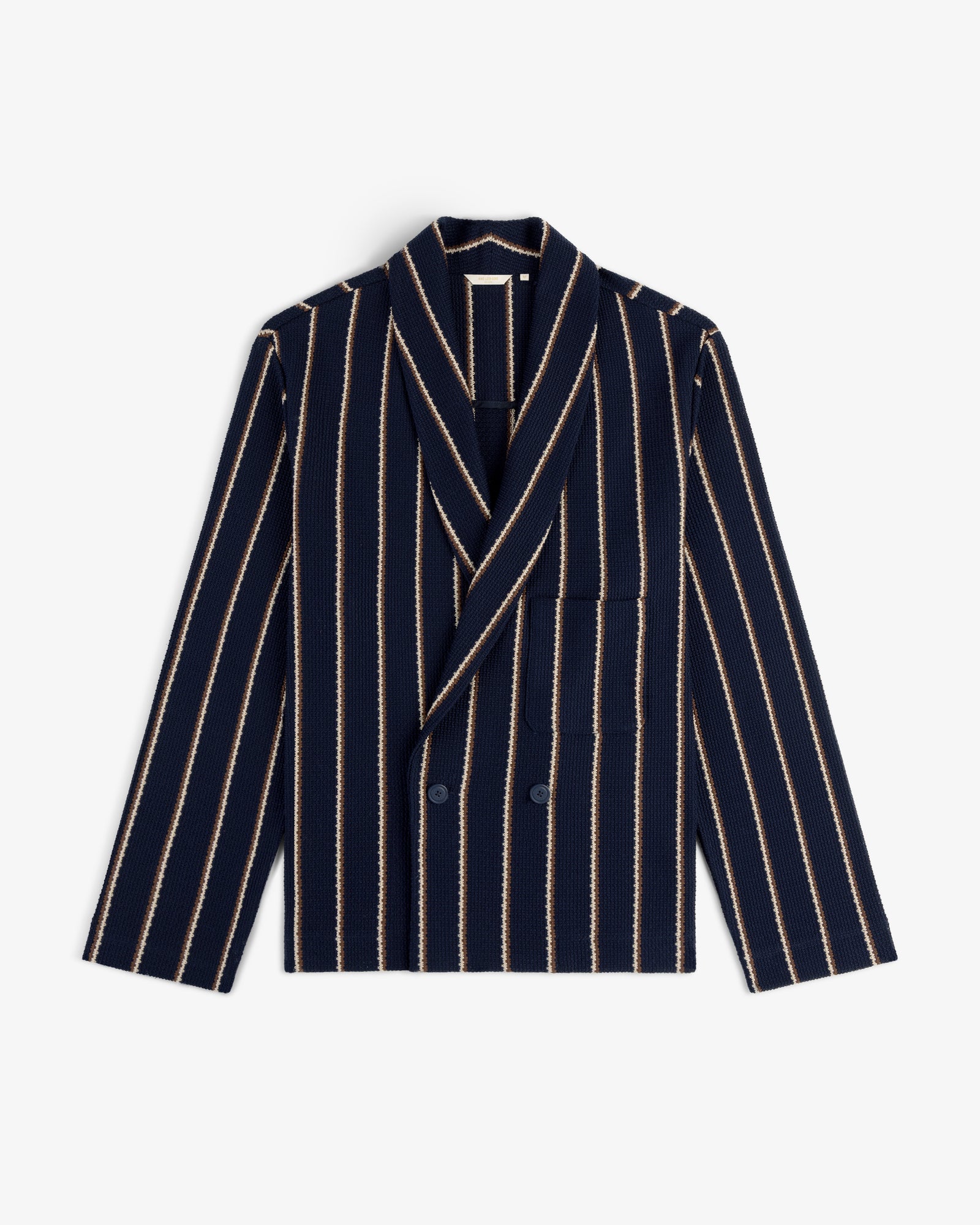 Striped Jacquard Shawl Collar Jacket in navy with beige stripes, front pockets, and shawl collar, laid flat.
