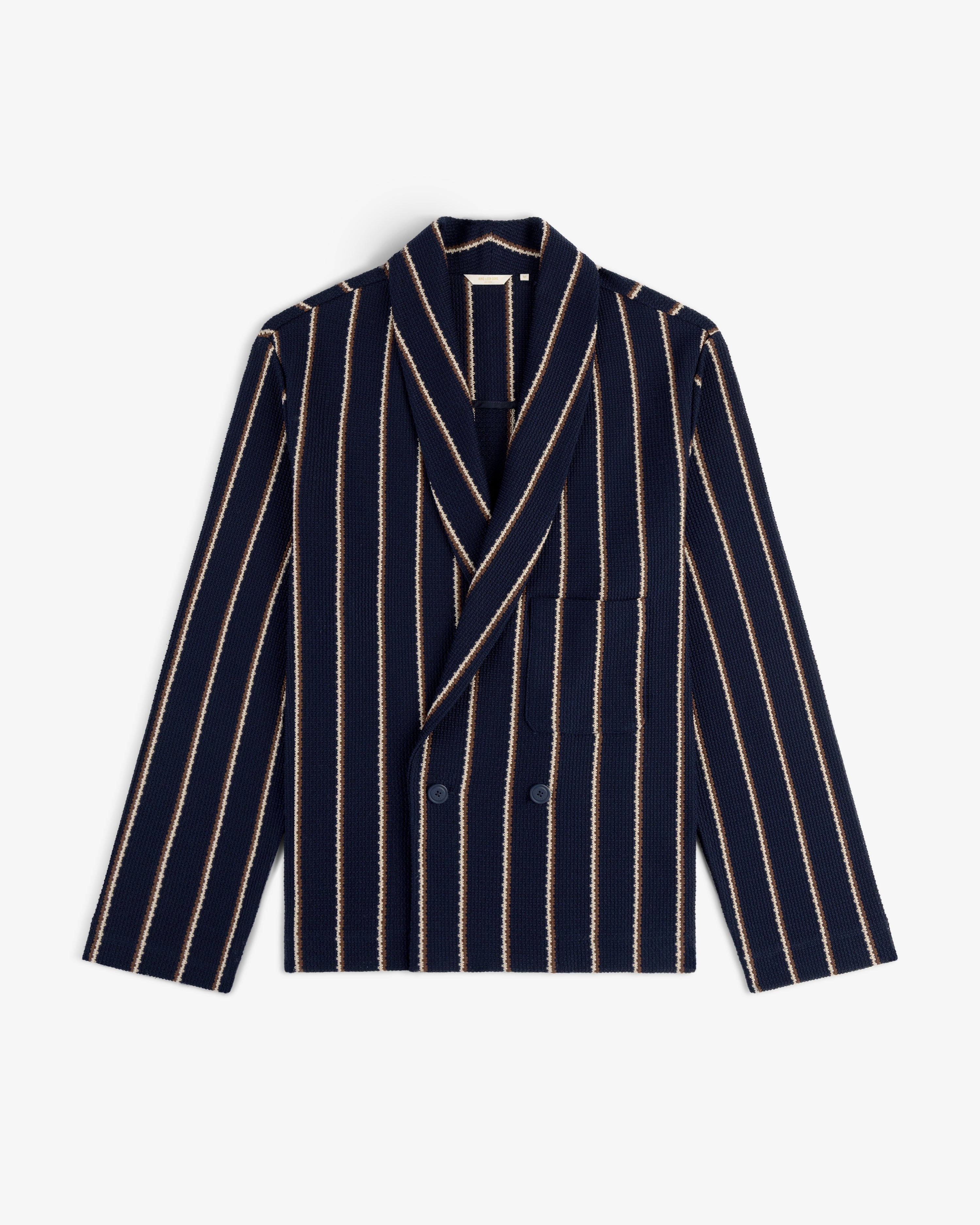 Striped Jacquard Shawl Collar Jacket in navy with beige stripes, front pockets, and shawl collar, laid flat.