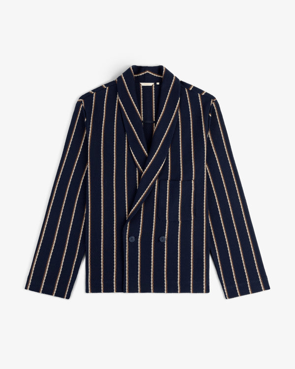 Striped Jacquard Shawl Collar Jacket in navy with beige stripes, front pockets, and shawl collar, laid flat.