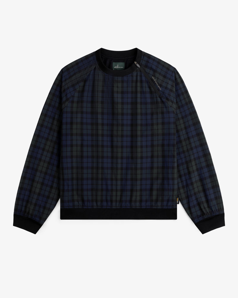 ALD Golf Blackwatch Pullover featuring navy and black plaid with black ribbed cuffs, collar, and hem laid flat on white.