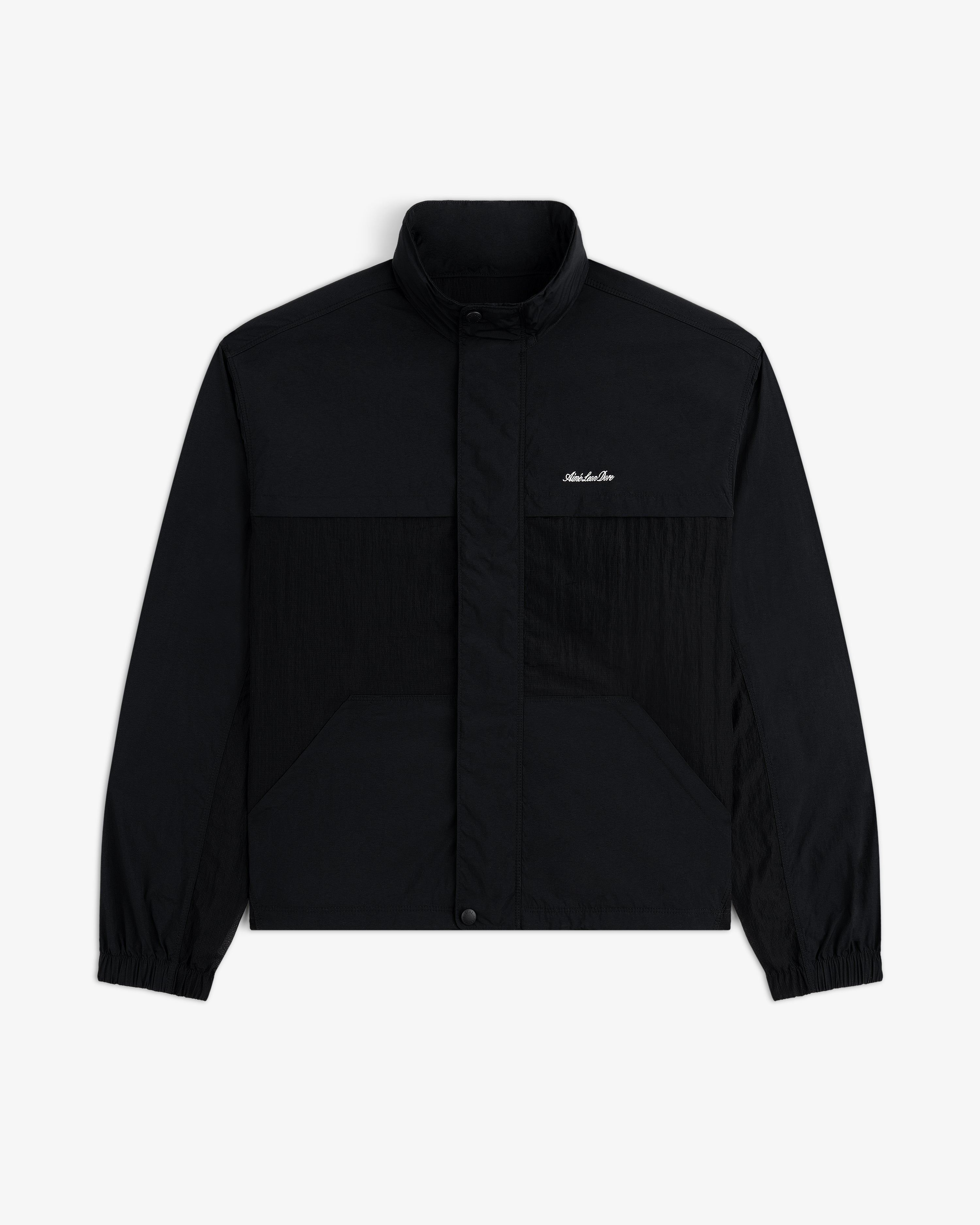 Nylon Track Jacket with high collar, zip front, elastic cuffs, and small white logo on left chest.