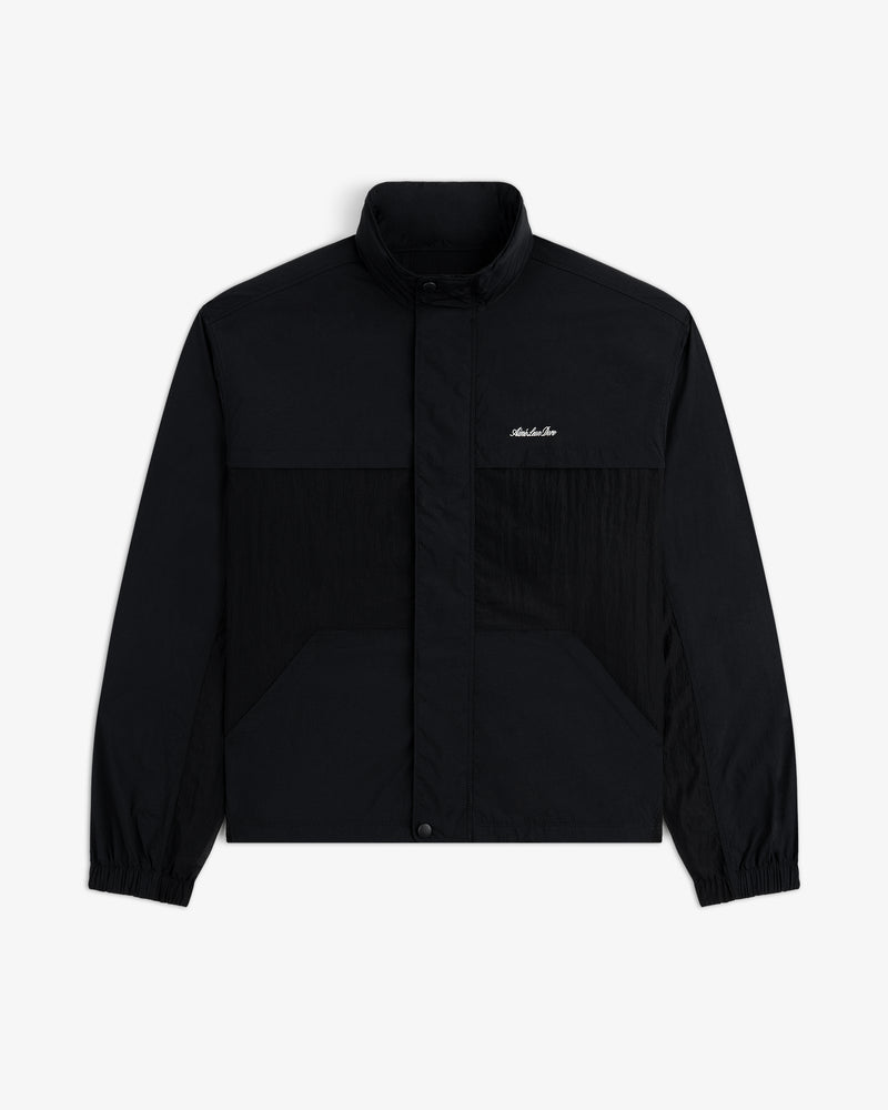 Nylon Track Jacket with high collar, zip front, elastic cuffs, and small white logo on left chest.