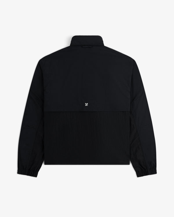 Black Nylon Track Jacket with long sleeves, high collar, and small white logo centered on the back.