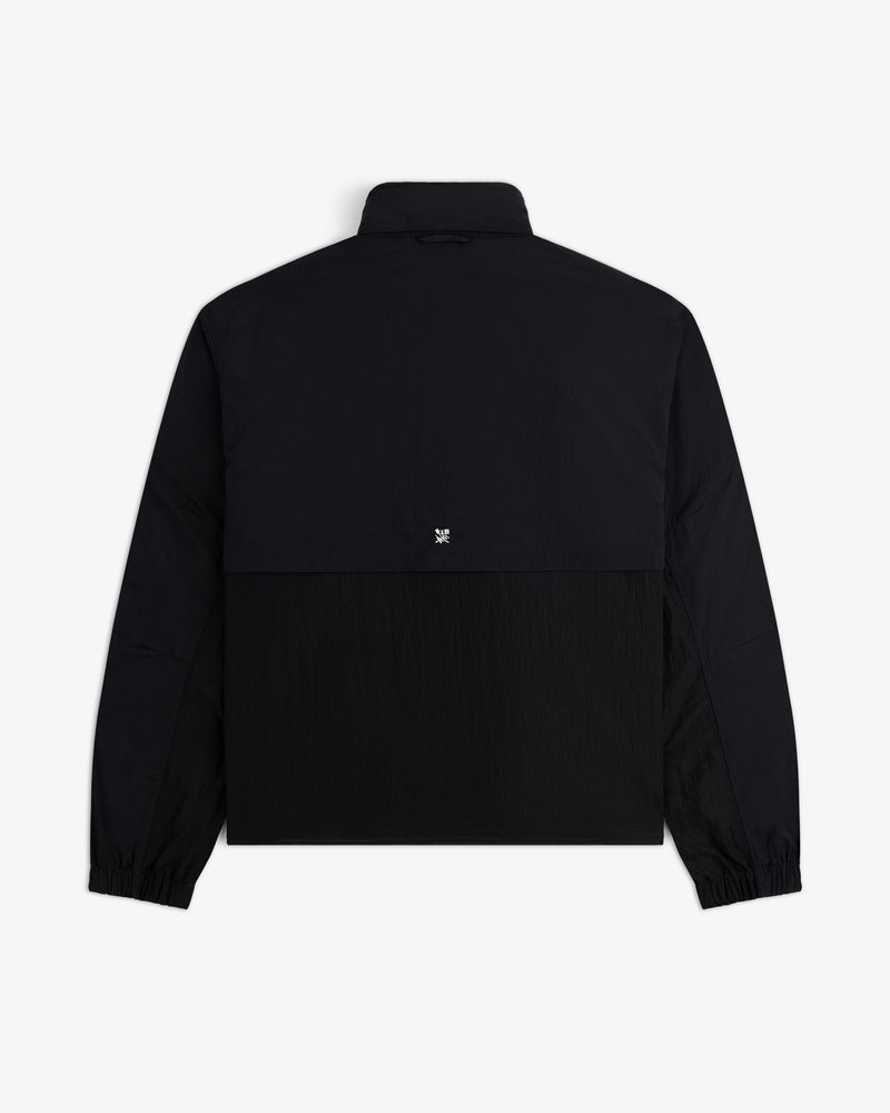 Black Nylon Track Jacket with long sleeves, high collar, and small white logo centered on the back.