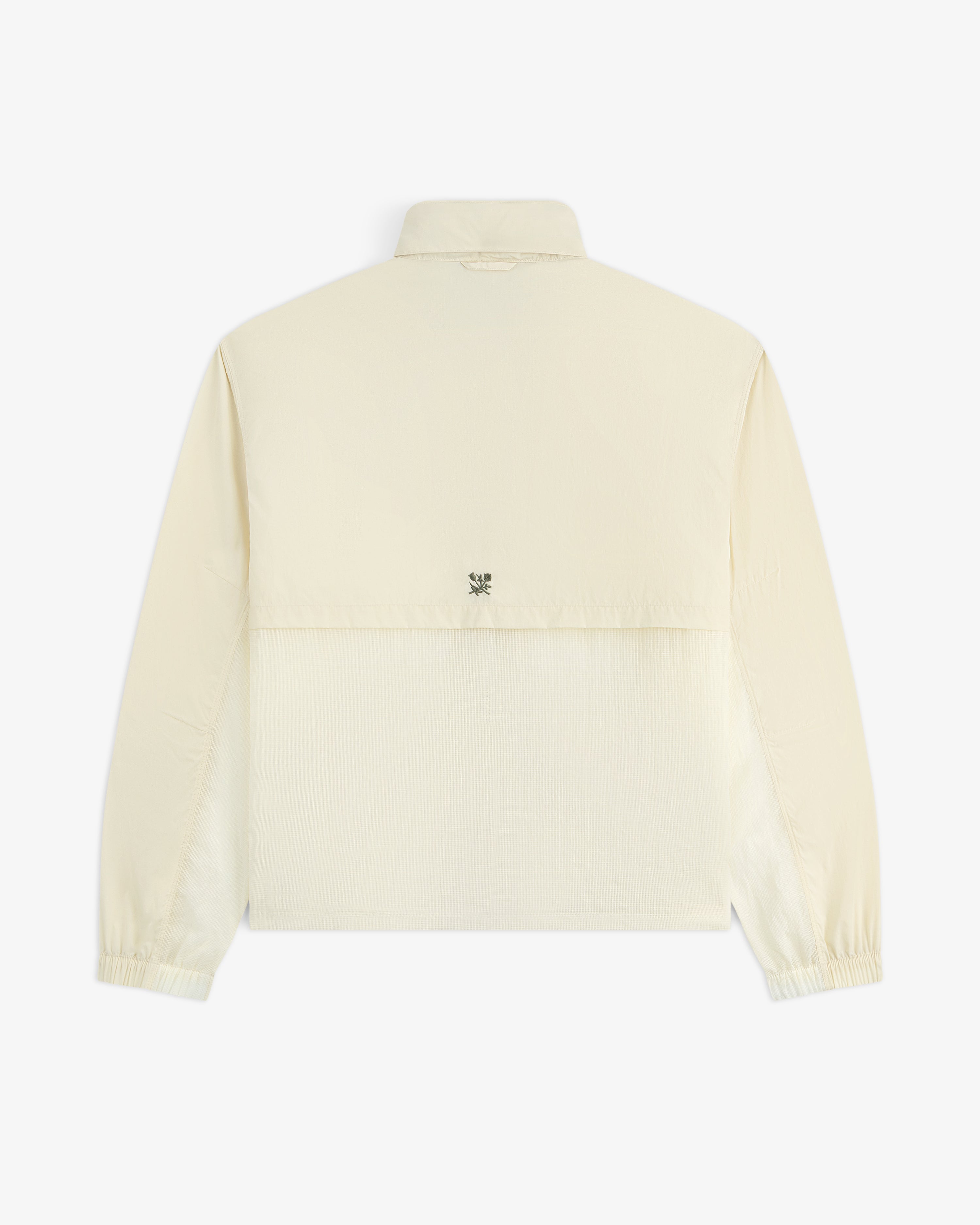 Back view of the Nylon Track Jacket in light beige with a collar, elastic cuffs, and a small logo at the upper center.
