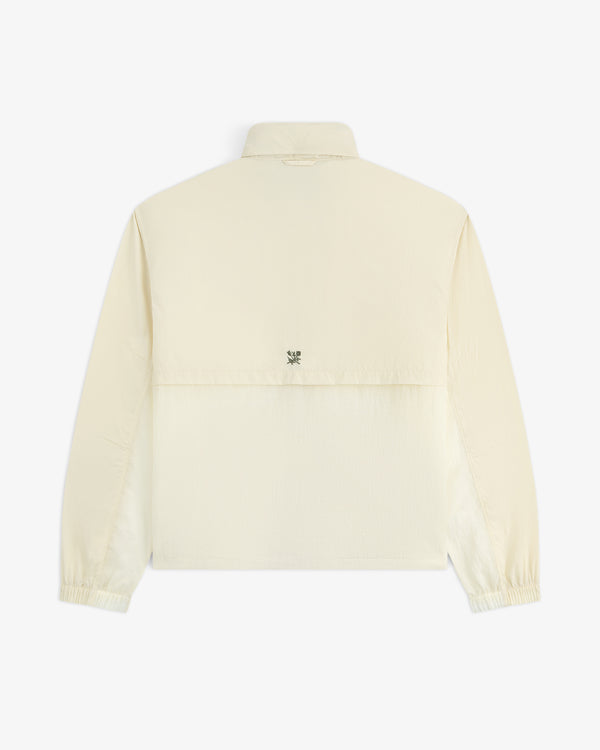 Back view of the Nylon Track Jacket in light beige with a collar, elastic cuffs, and a small logo at the upper center.