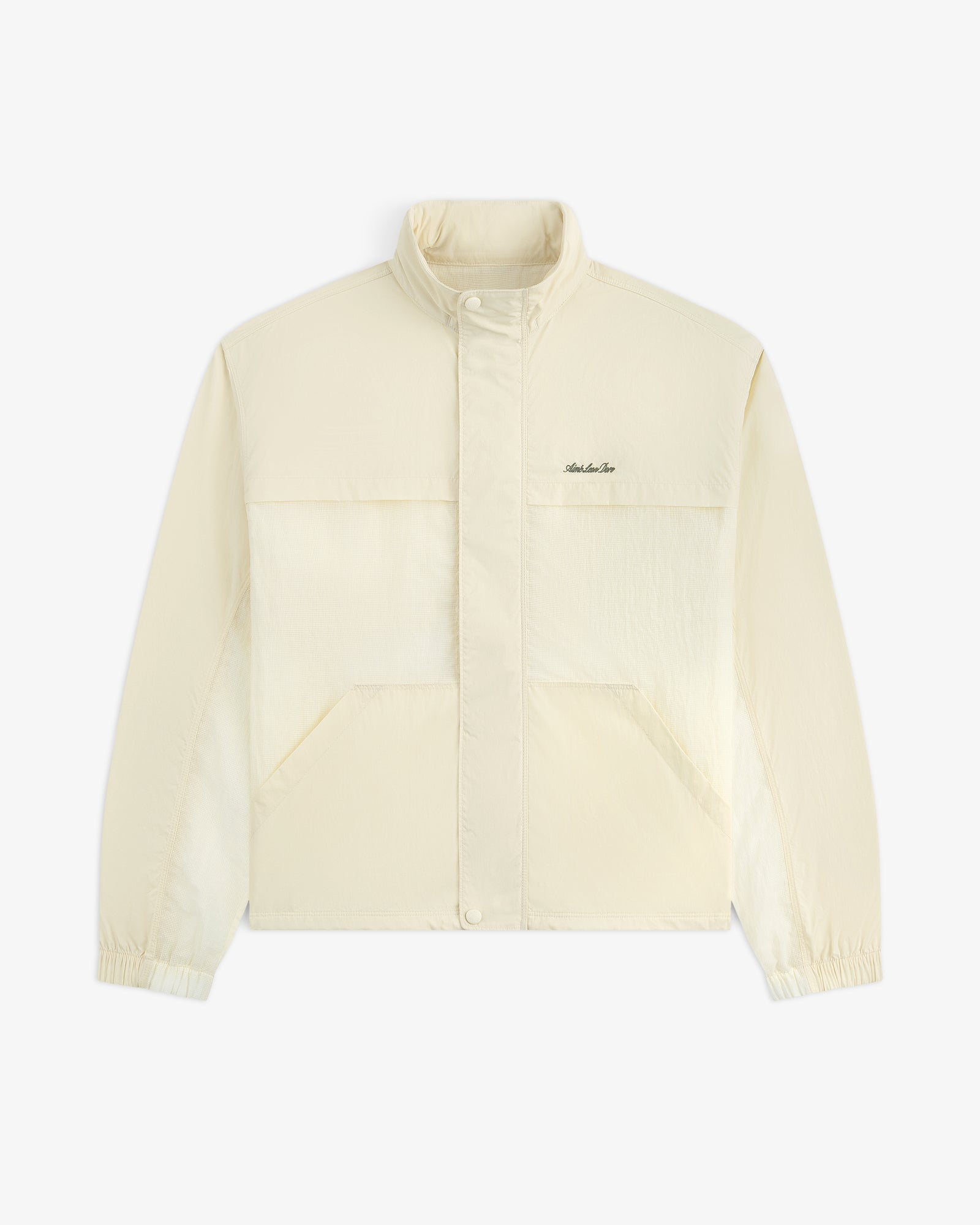 Cream-colored Nylon Track Jacket with snap buttons, two large pockets, and chest embroidery.