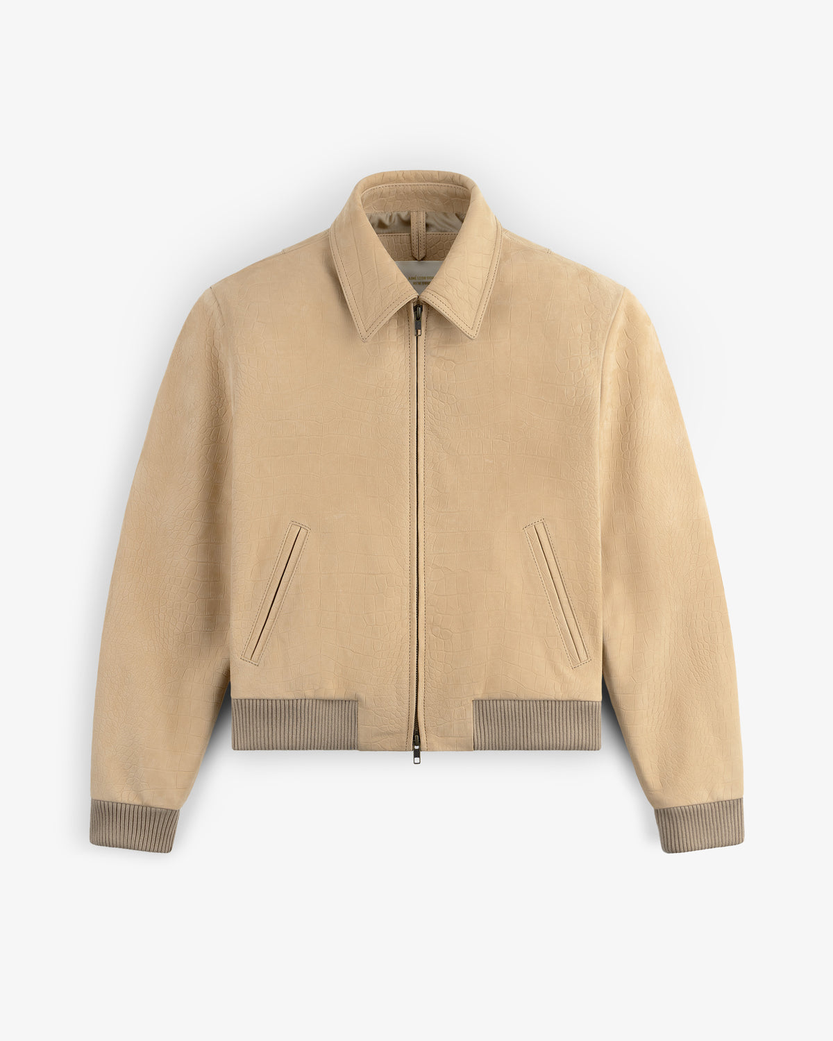 Croc-Embossed Nubuck Bomber Jacket with a collar, zip-up front, slanted pockets, and ribbed cuffs and hem.