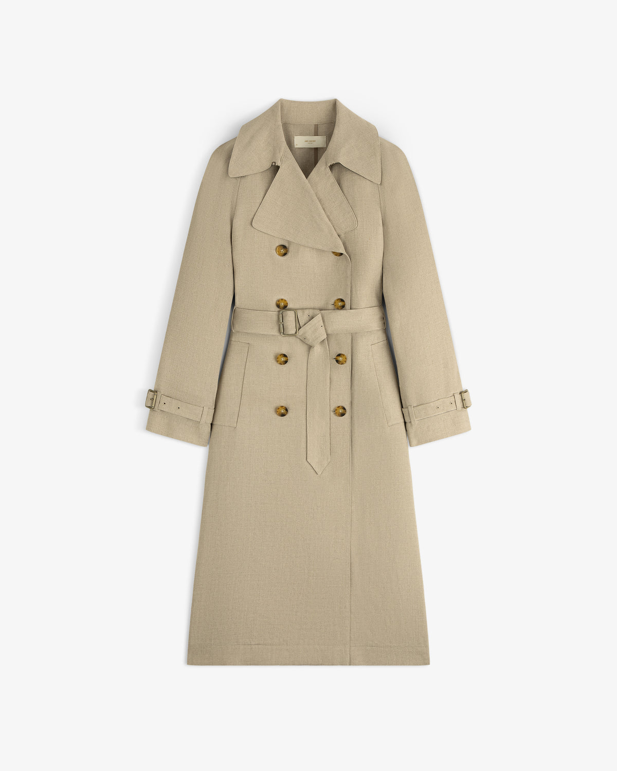 Linen Trench Coat in beige with belt, wide lapels, double-breasted front, and buttoned cuffs on white background.