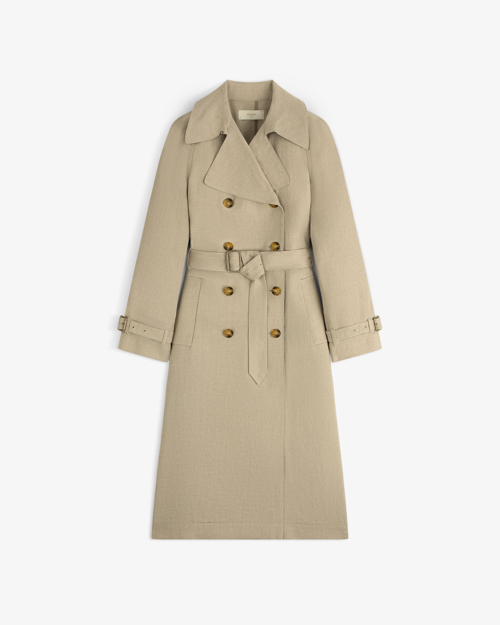 Linen Trench Coat in beige with belt, wide lapels, double-breasted front, and buttoned cuffs on white background.