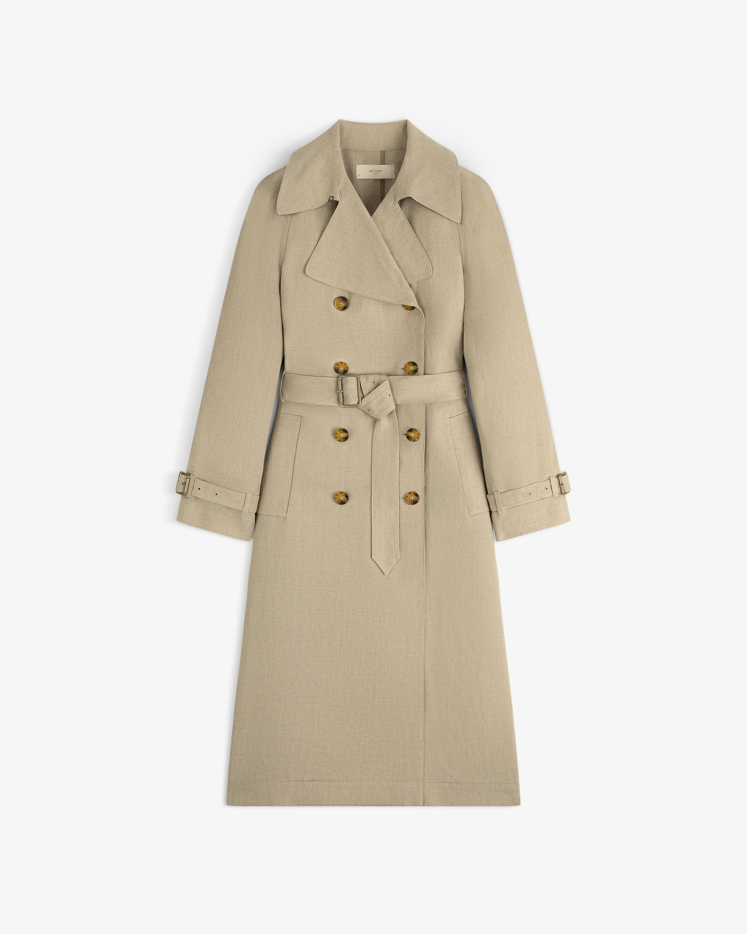 Linen Trench Coat in beige with belt, wide lapels, double-breasted front, and buttoned cuffs on white background.