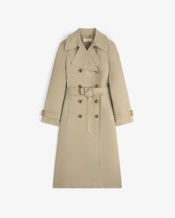 Linen Trench Coat in beige with belt, wide lapels, double-breasted front, and buttoned cuffs on white background.