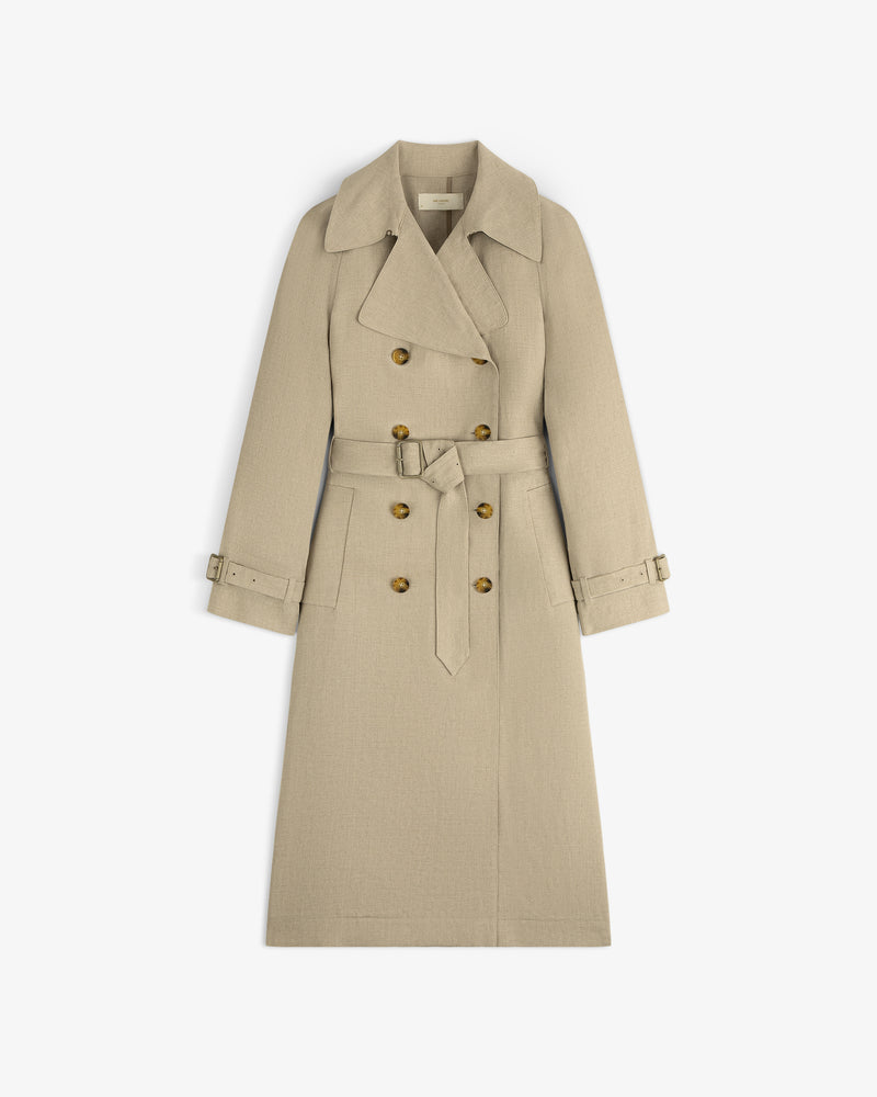 Linen Trench Coat in beige with belt, wide lapels, double-breasted front, and buttoned cuffs on white background.