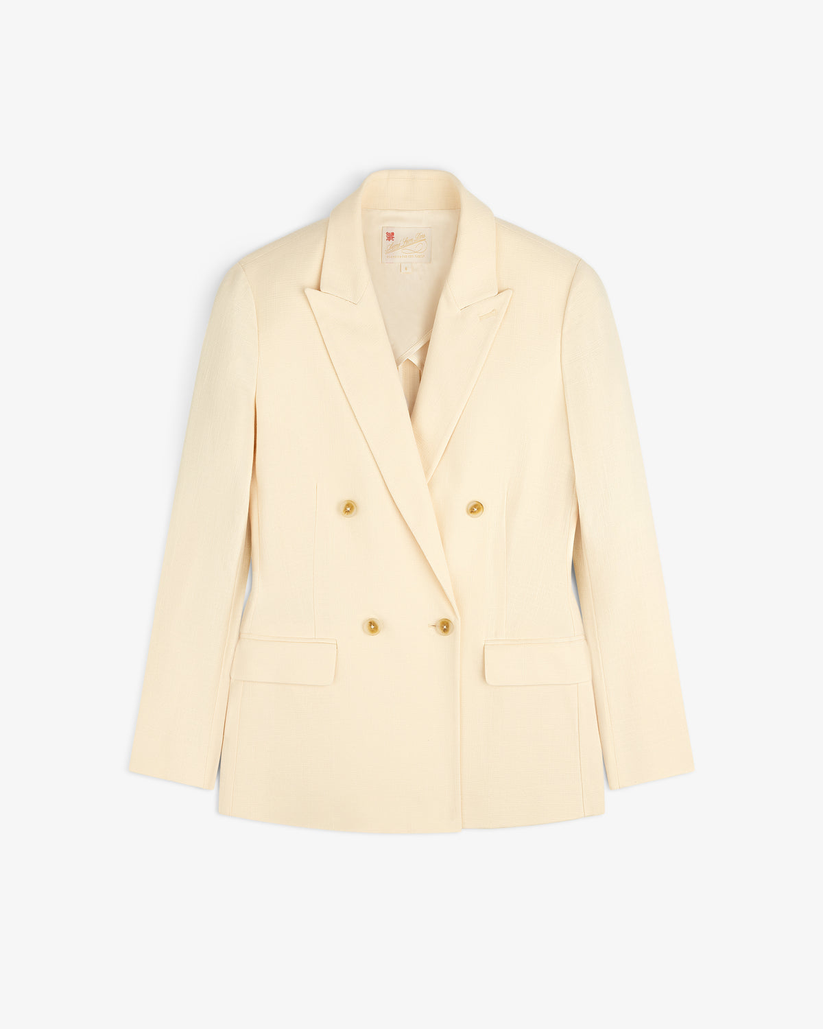 Double-Breasted Unconstructed Blazer in cream with notched lapels and gold buttons, shown on a white background.