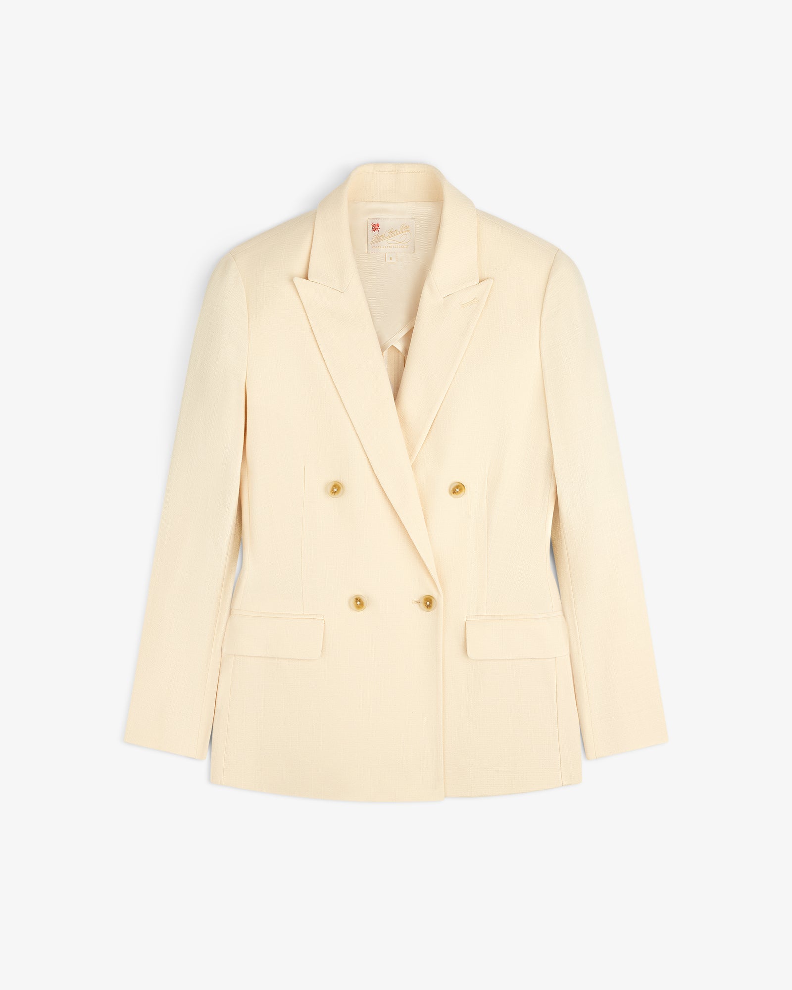 Double-Breasted Unconstructed Blazer in cream with notched lapels and gold buttons, shown on a white background.