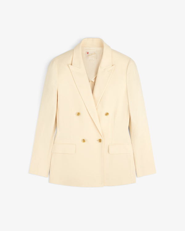 Double-Breasted Unconstructed Blazer in cream with notched lapels and gold buttons, shown on a white background.