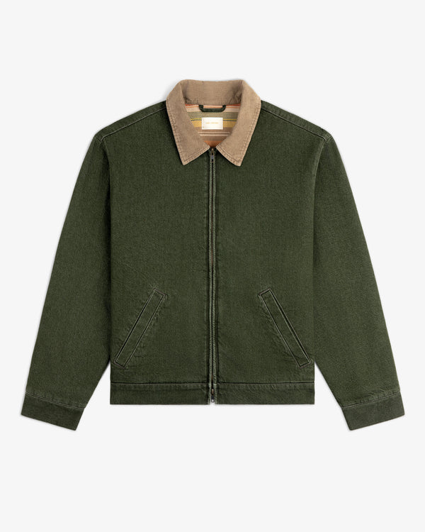 Denim Zip Jacket in olive green with tan corduroy collar and two slanted front pockets, laid flat on white.
