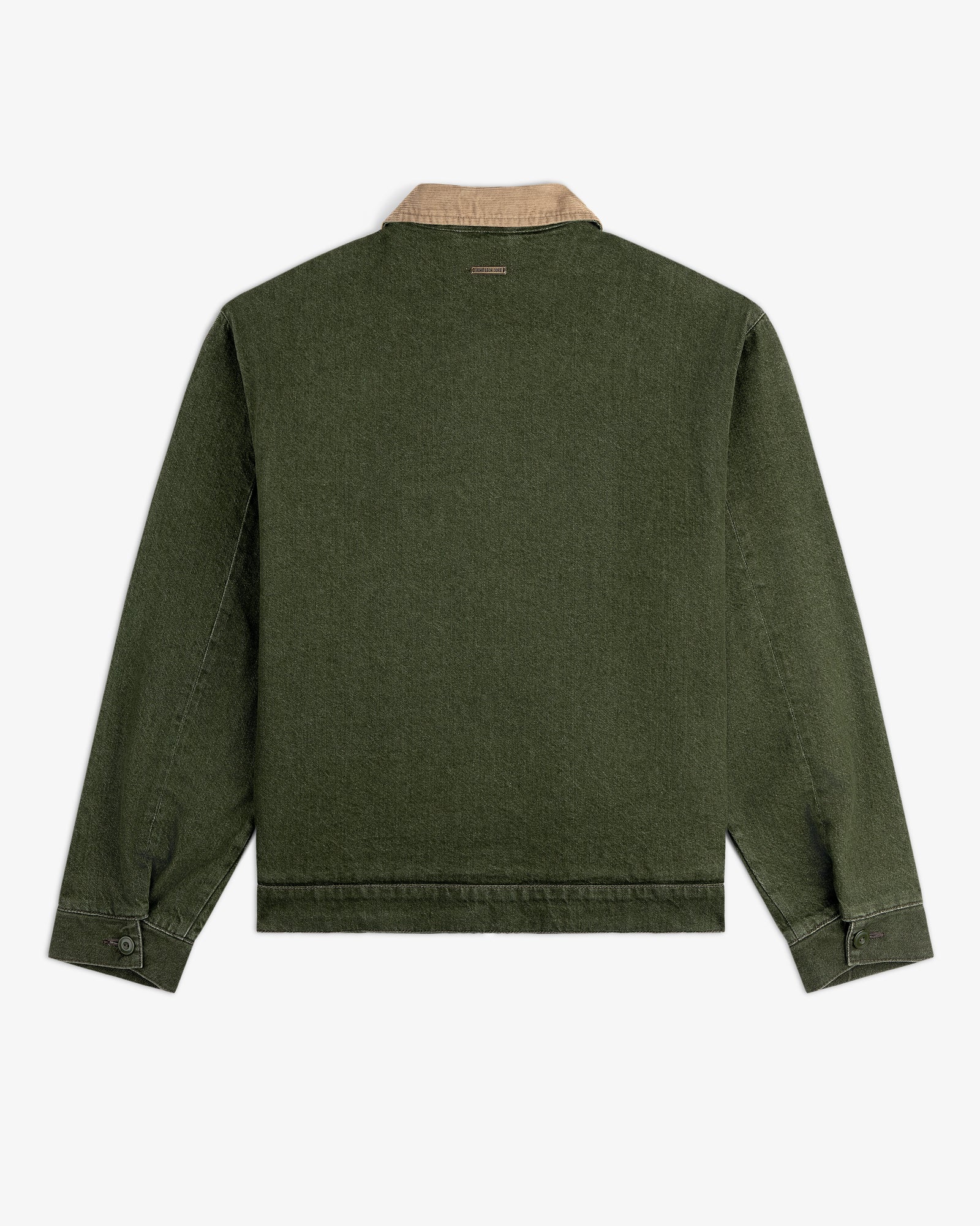 Back view of the Denim Zip Jacket in dark green with a tan corduroy collar and buttoned cuffs.