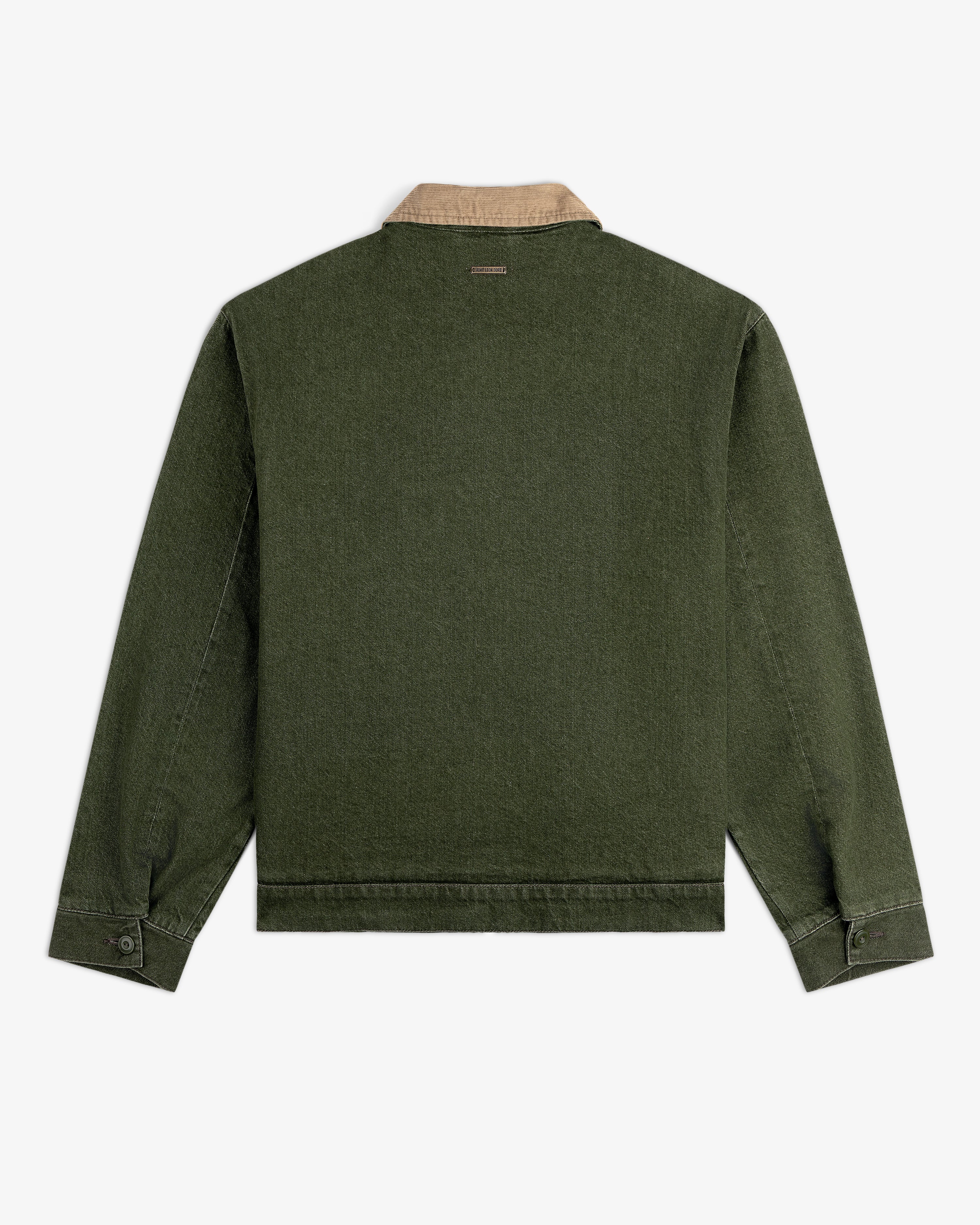 Back view of the Denim Zip Jacket in dark green with a tan corduroy collar and buttoned cuffs.