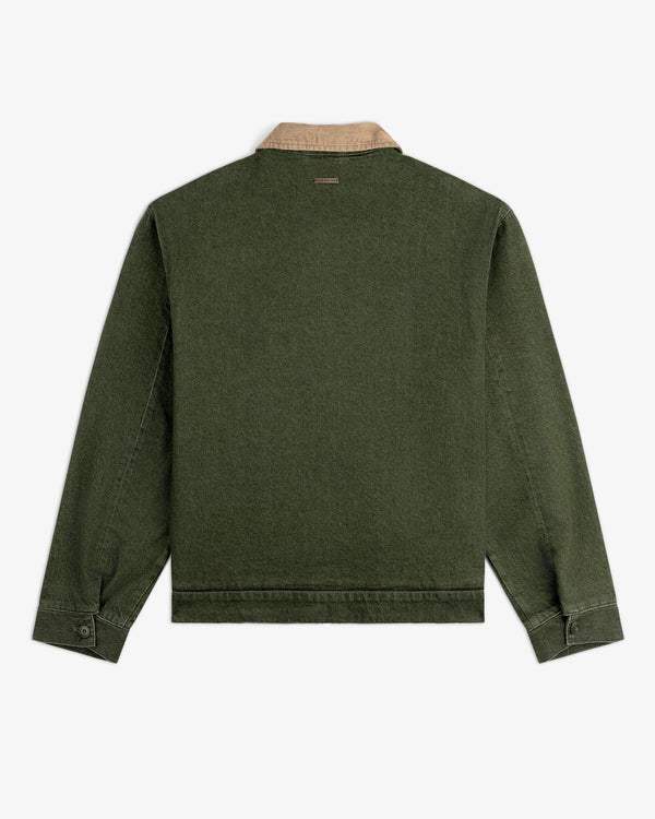 Back view of the Denim Zip Jacket in dark green with a tan corduroy collar and buttoned cuffs.