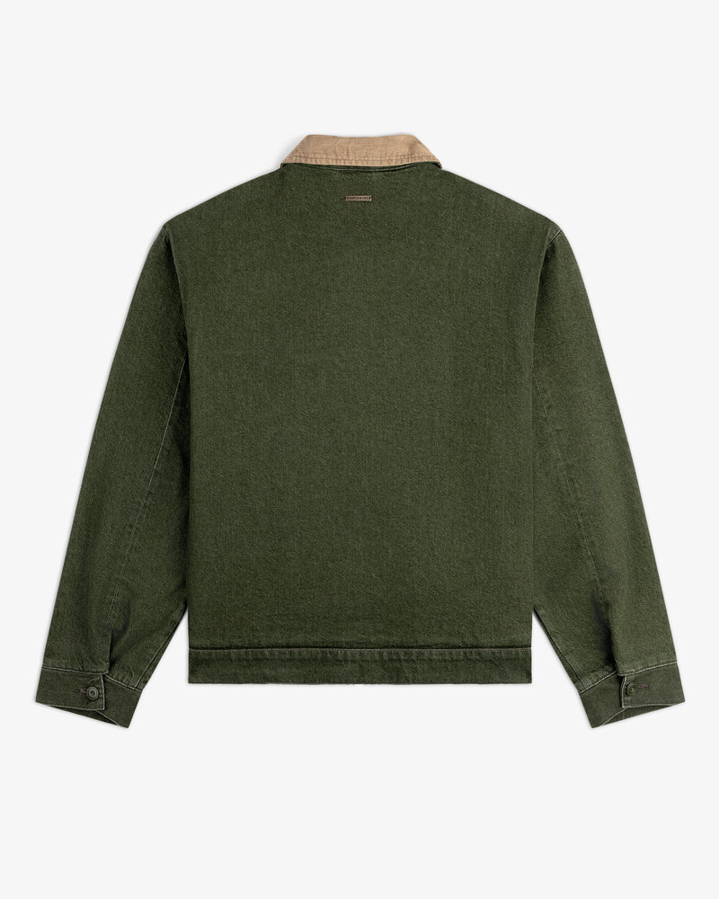 Back view of the Denim Zip Jacket in dark green with a tan corduroy collar and buttoned cuffs.