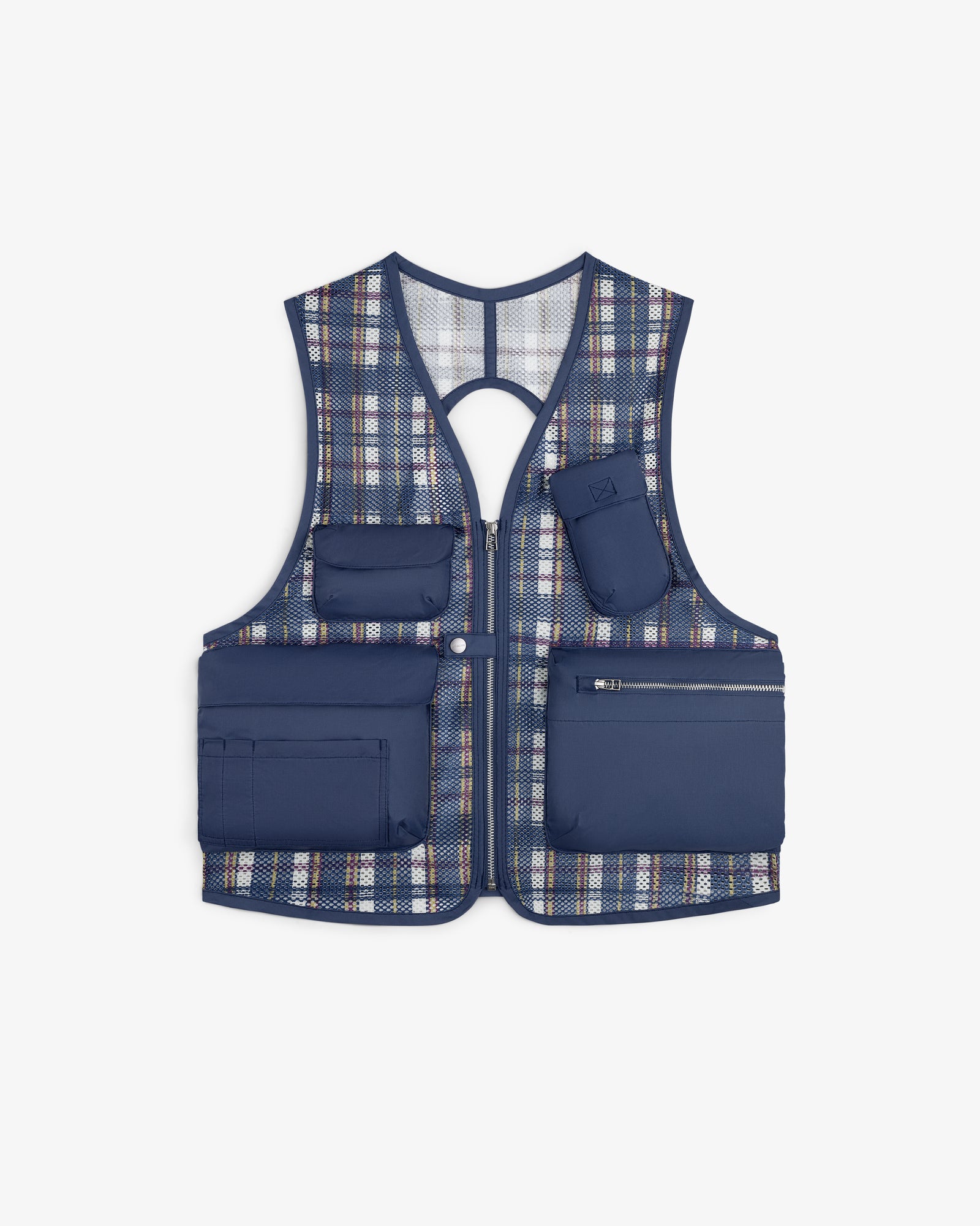 Nylon Madras Utility Vest with multiple front pockets and zip closure, shown on a white background.