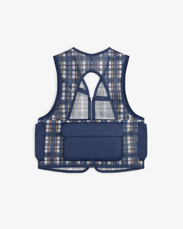 Nylon Madras Utility Vest in blue plaid with navy trim and large rear pocket, shown on a white background.