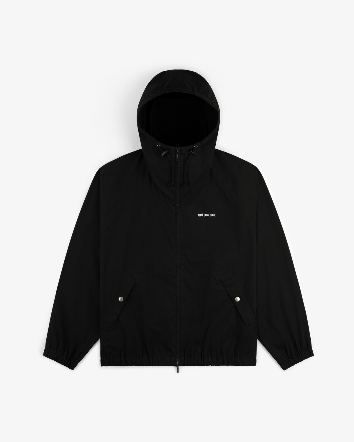 The Micro Logo Lightweight Jacket is a black zip-up with front pockets and subtle white text on the left chest.
