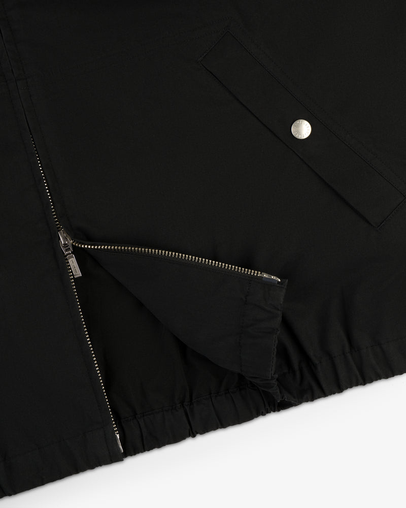 Close-up of Micro Logo Lightweight Jacket with zip opening, snap-button pocket, and elastic hem detail.