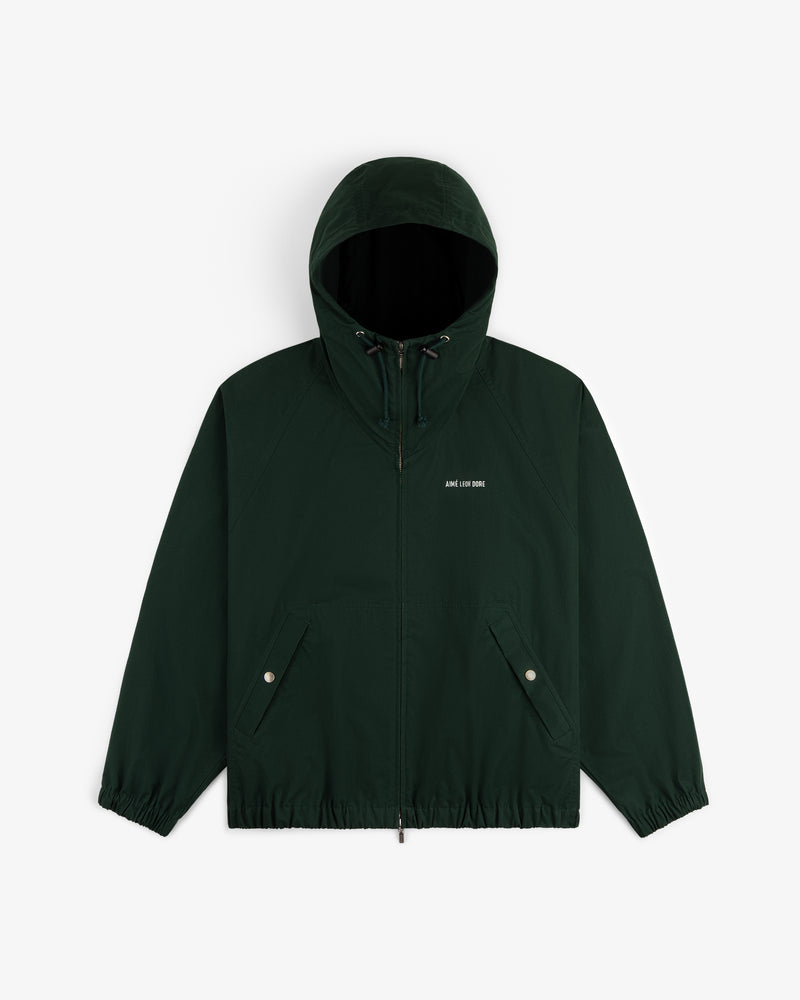 Micro Logo Lightweight Jacket: Dark green, hooded, front zipper, two snap pockets, logo on left chest.