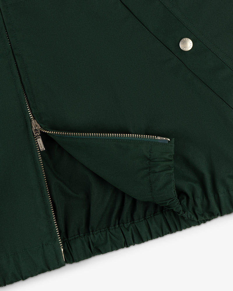 Close-up of the Micro Logo Lightweight Jacket in dark green with a silver zipper and snap button detail.