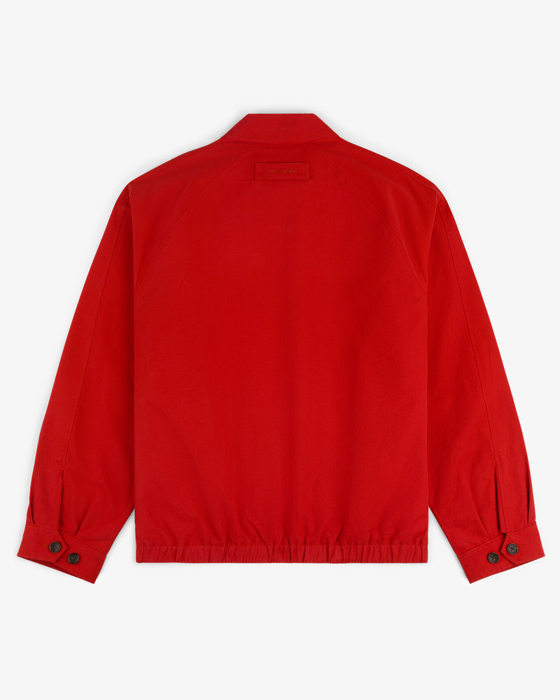 Crest Casual Jacket in red, flat lay back view with long sleeves, buttoned cuffs, and elastic hem on white background.